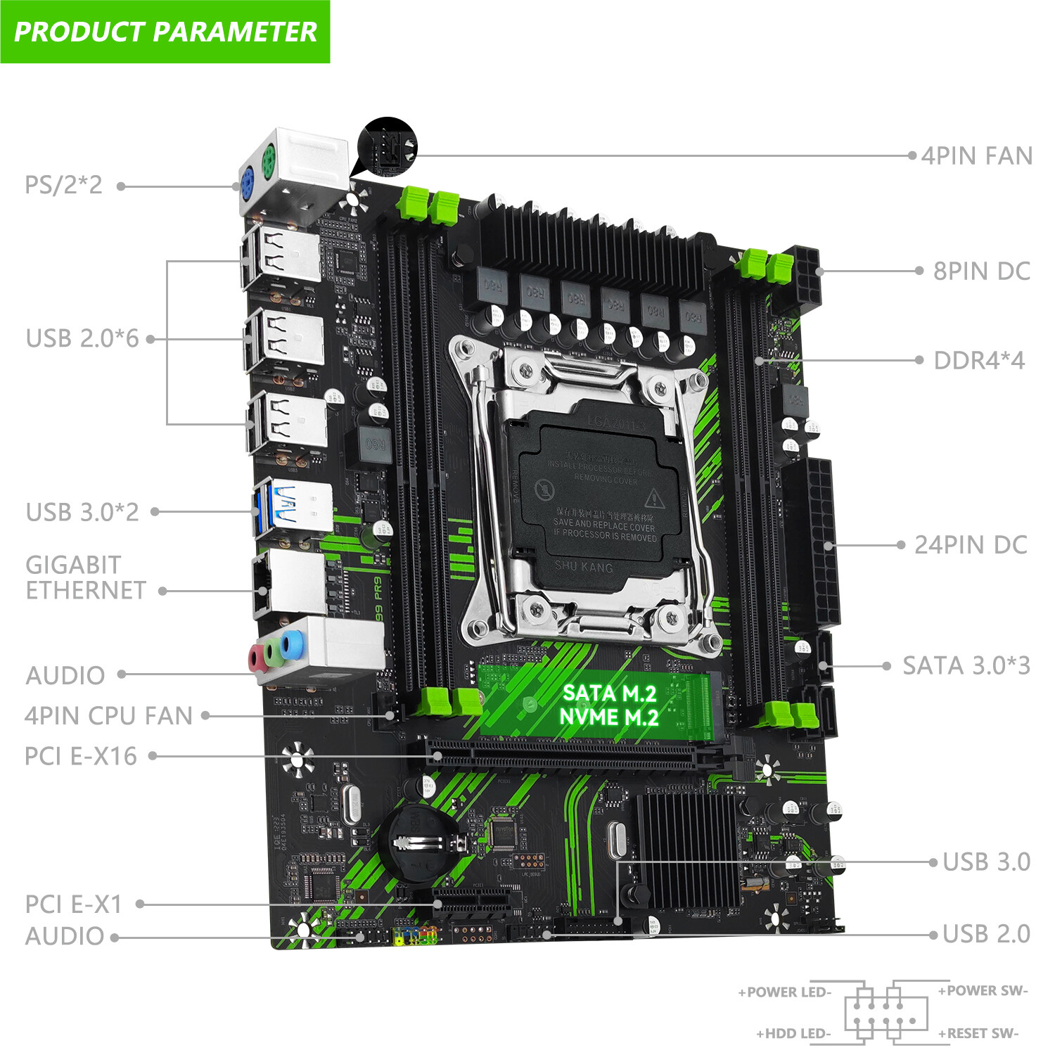 X99 PR9 Motherboard LGA 2011-3 4*DDR4 slot for Intel Xeon E5 V3 V4 SATA3 USB3.0