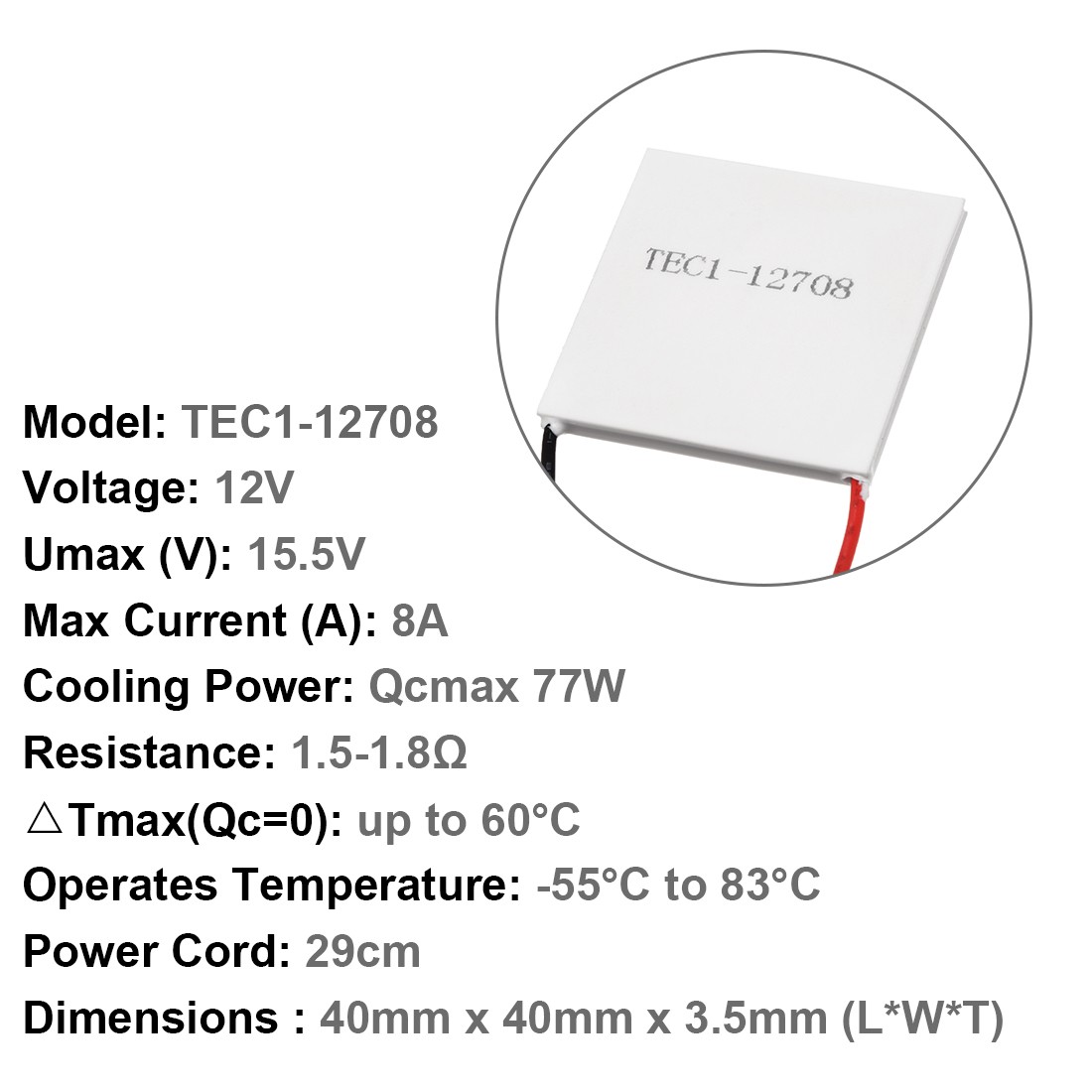 TEC1-12708 Thermoelectric Cooler Heat Sink Cooling Peltier 12 Volt 77 Watt