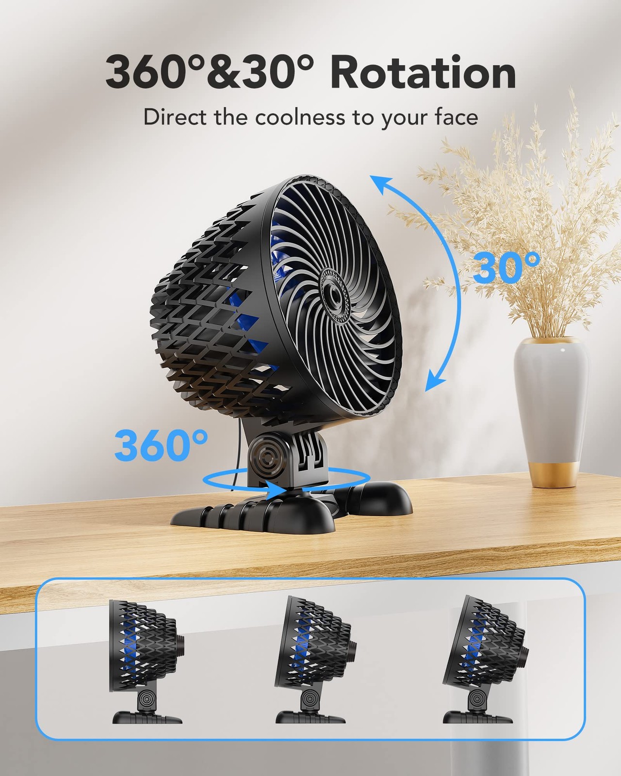 USB Desktop Small Fan, Stepless Speed Adjustment with Desk Black Blue