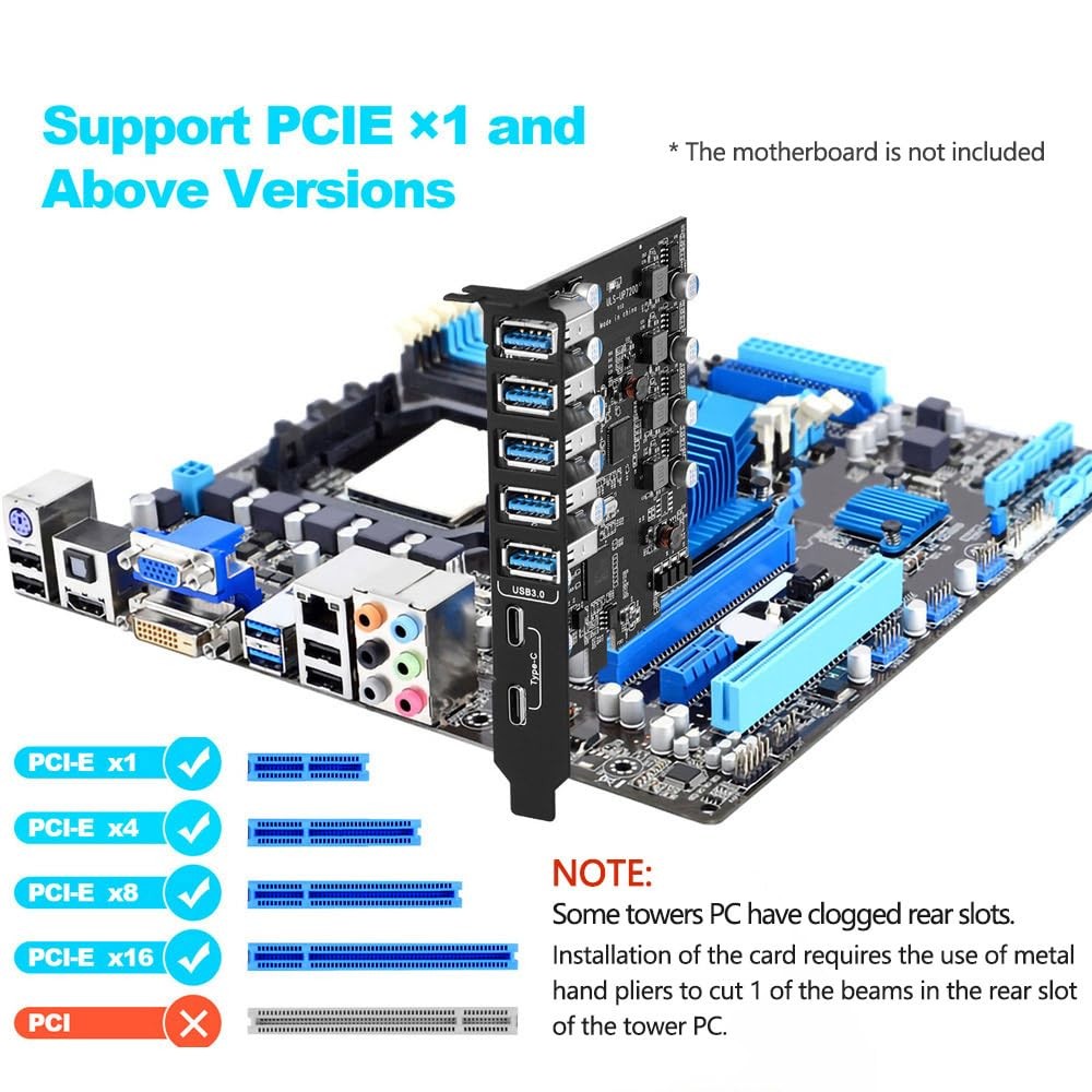 YEELIYA PCIE USB 3.0 Expansion Card 7 Ports (5X Type-A and 2 C) PCIe…