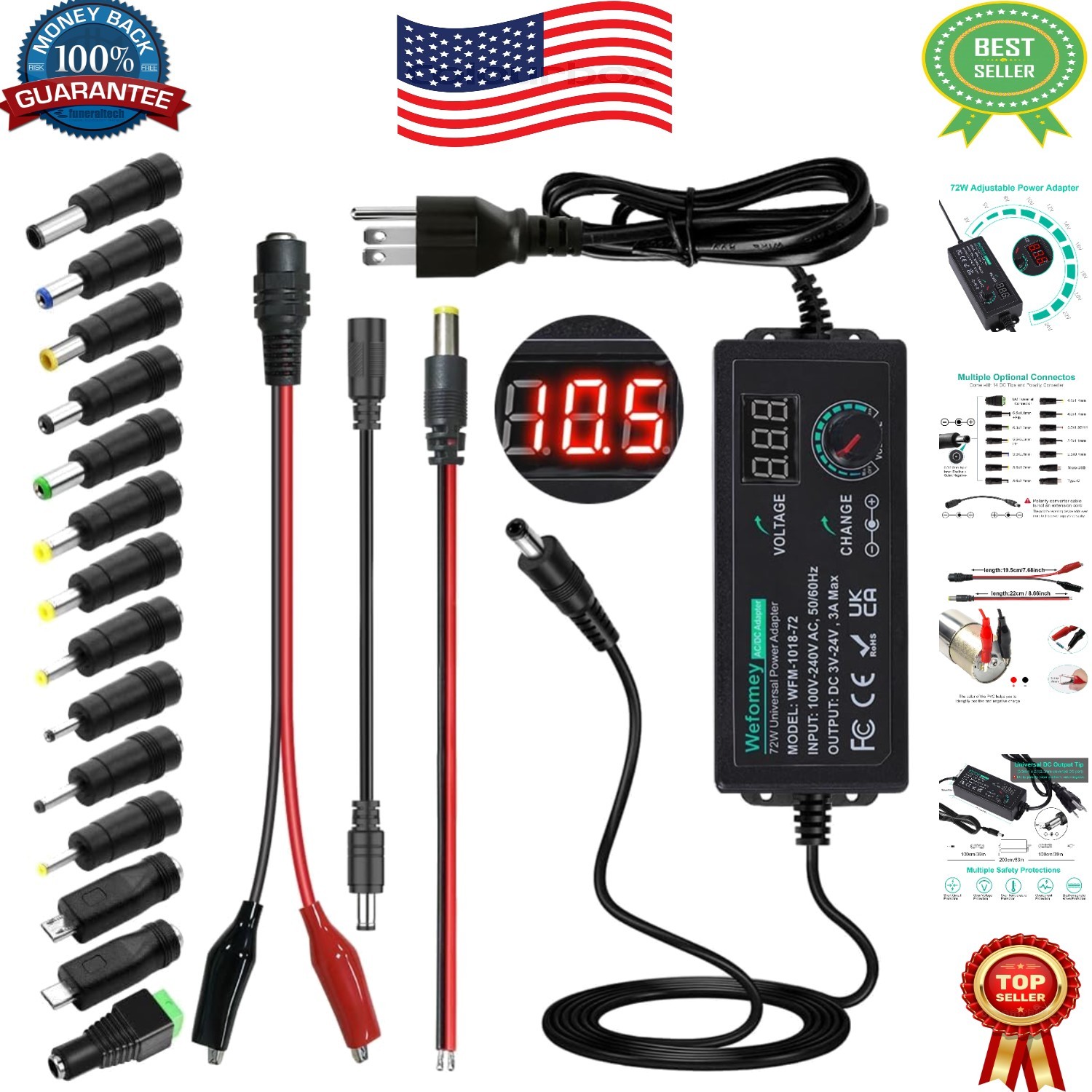 Versatile 3V-24V 3A 72W Universal Power Supply with 14 Tips & Safety Features