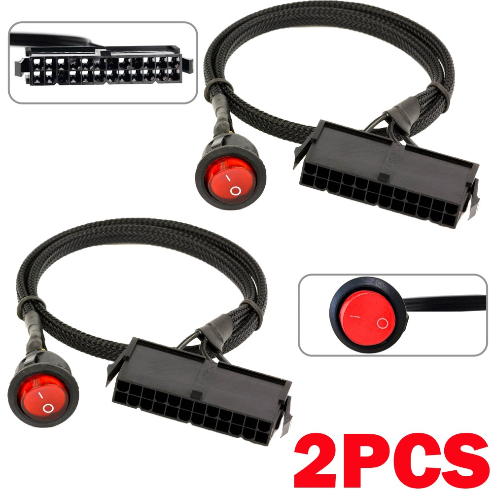 2 Pack 24 Pin ATX Red LED Power On/Off Switch Jumper Bridge Adapter Cable US