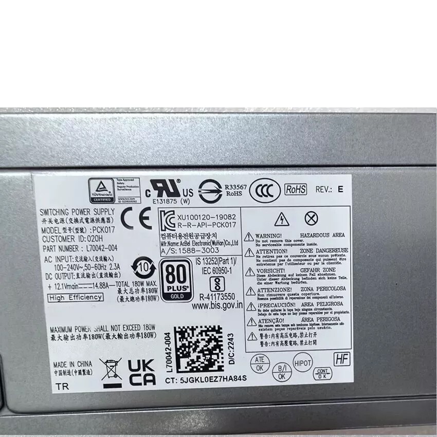 New L70042-002 PSU For 280 Pro G3 MT 180W Power Supply D19-180P1A PCK017