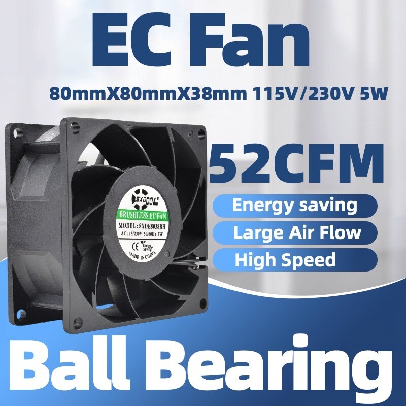 SXDOOL SXDE8038BH EC Fan, 80x80x38mm, 90-270V 115V 230V , 5W, 52 CFM, 3800 RPM