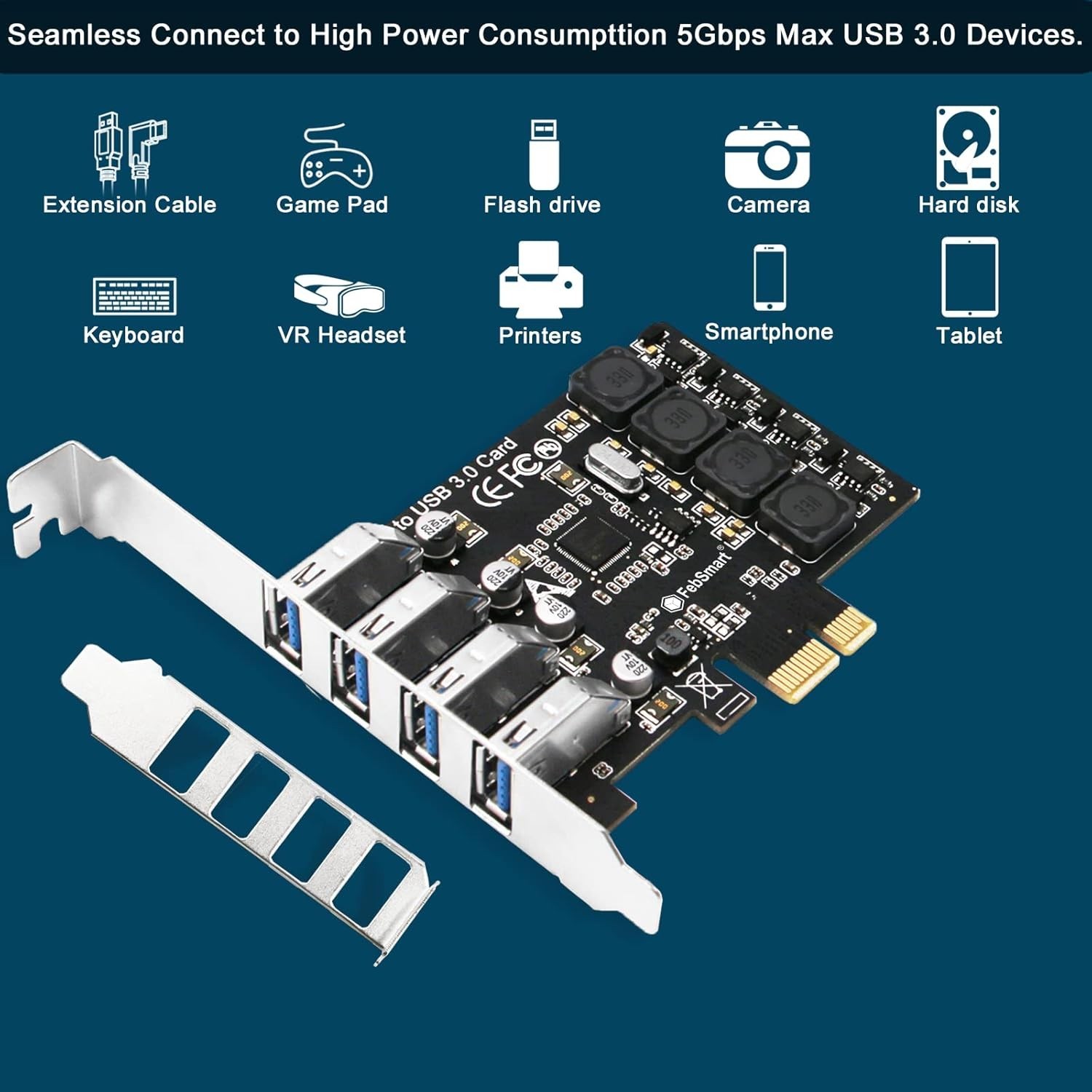 Compact 4-Port USB 3.0 PCIe Card with Built-in Power for Ultimate Connectivity