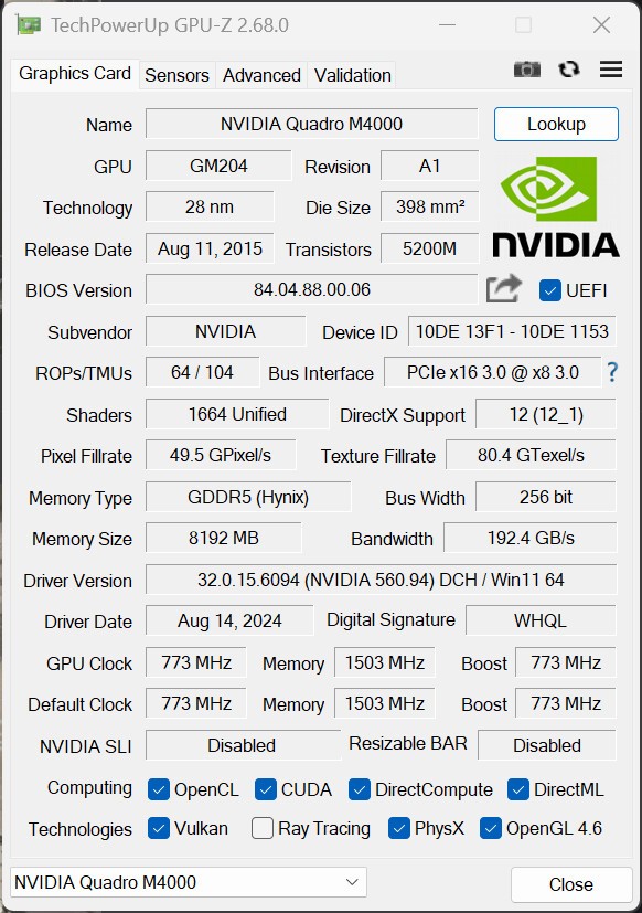 NVIDIA Quadro M4000 8GB GDDR5 GM204 Workstation Graphics Card