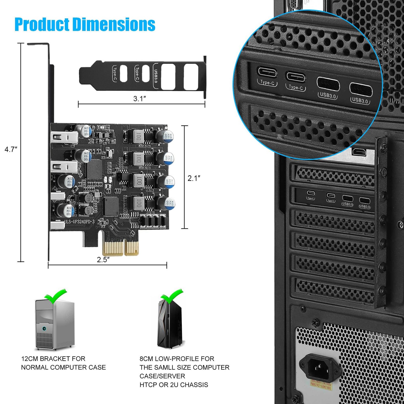 PCIe USB Card 4 Ports 2 USB A 2 Type C Expansion Low Profile Bracket