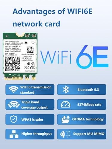 WiFi 6E AX210 NGW Wireless Card, Expand to Tri-Band 6GHz/5GHz/2.4GHz M.2 NGFF