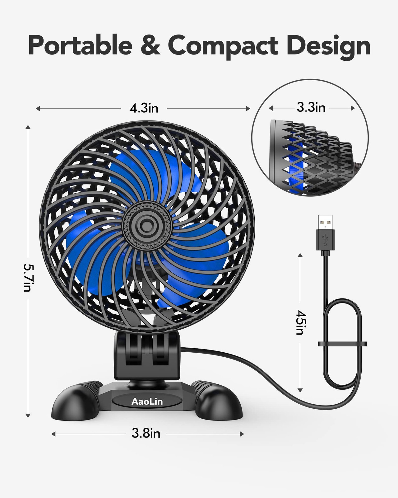 USB Desktop Small Fan, Stepless Speed Adjustment with Desk Black Blue