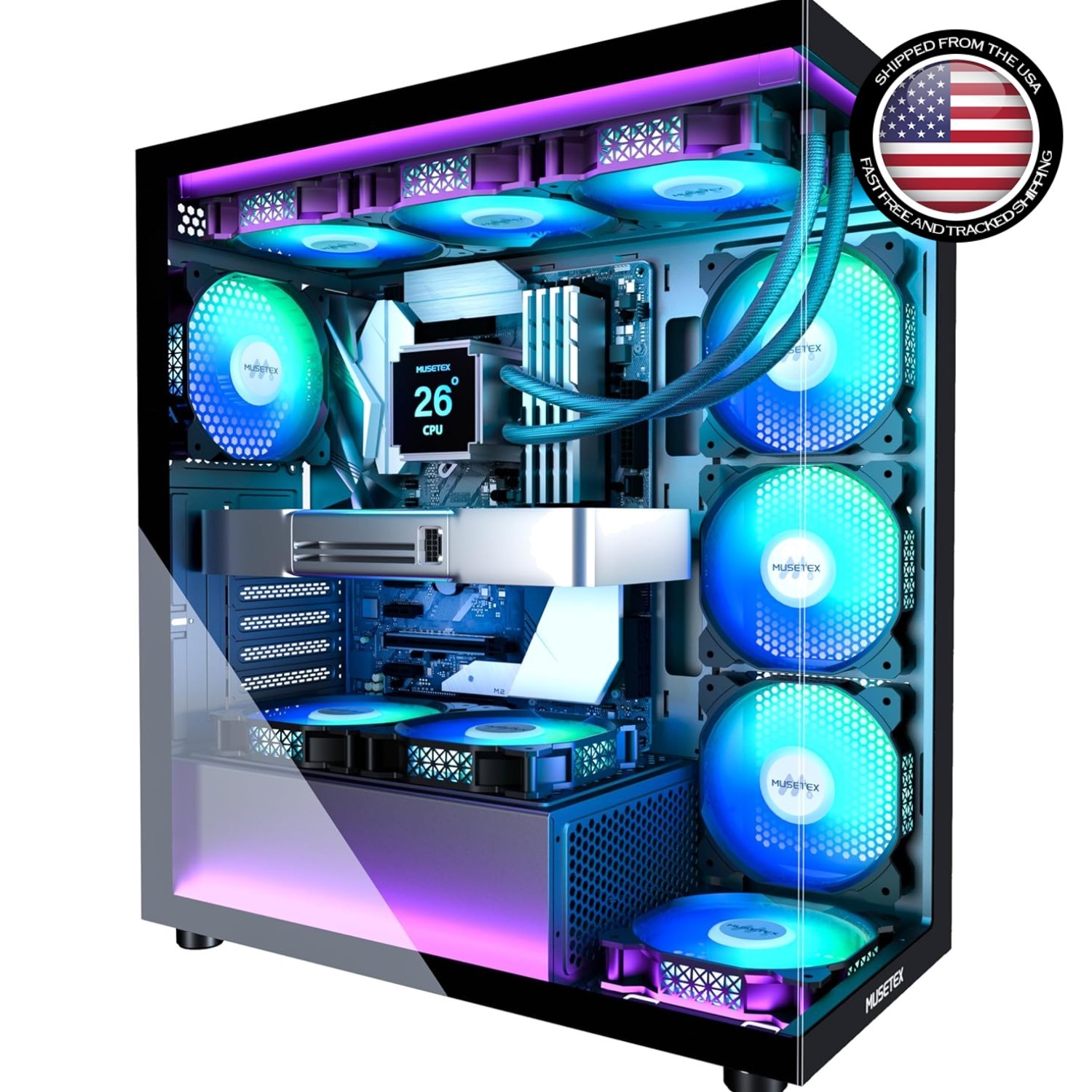 PC Case 7 PWM ARGB Fans 16.73×8.35×18.5 Inches Black Tempered Glass Gaming
