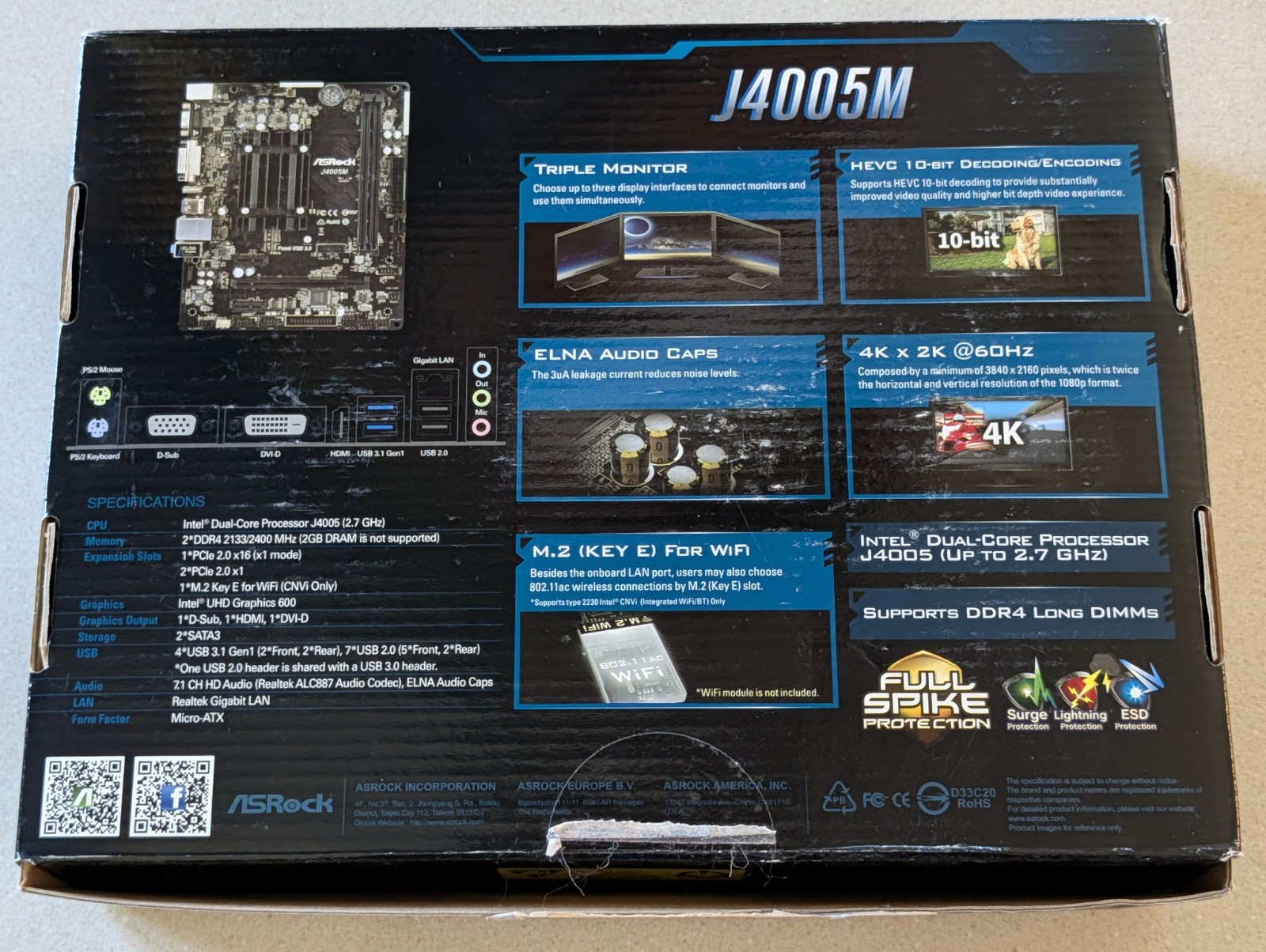 ASRock J4005M MicroATX DDR4 Intel Integrated CPU M.2 HDMI I/O Shield