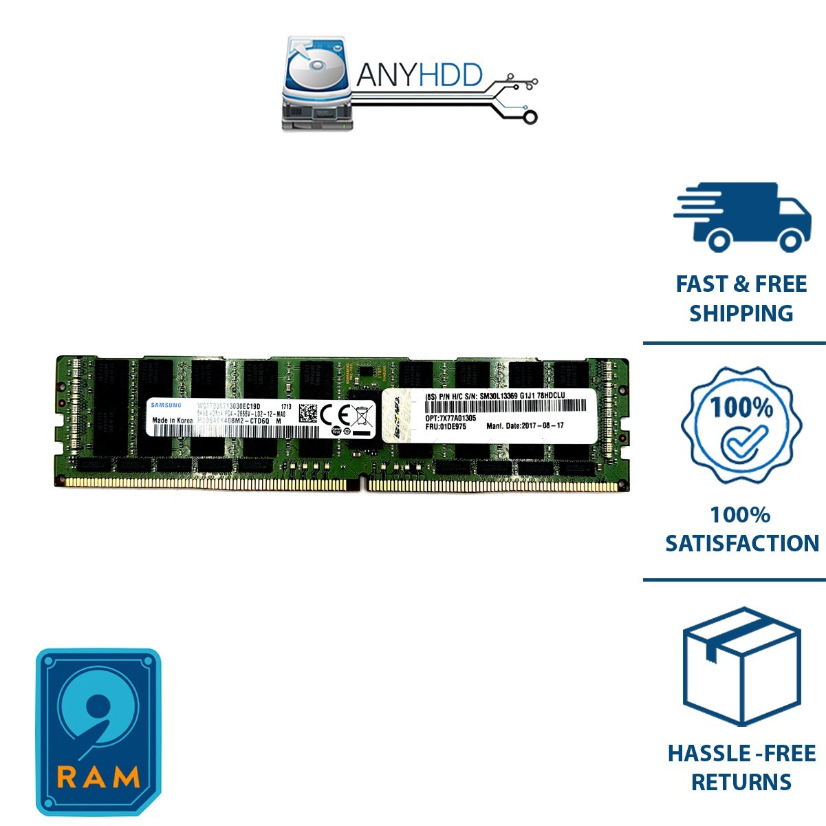 64GB DDR4 2666V PC4-2666 ECC RDIMM Samsung M386A8K40BM2-CTD RAM 2Rx4 01DE975