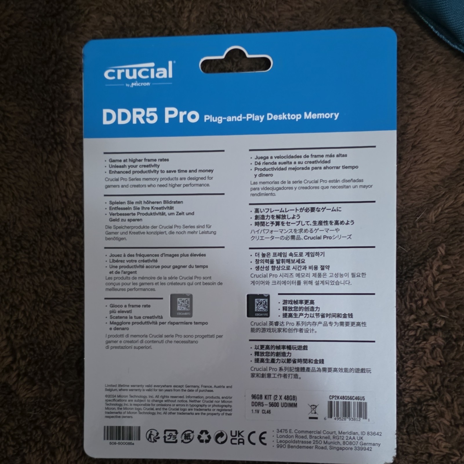 Crucial DDR5 Pro 96GB (2x48GB) 5600MT/s CL46 UDIMM Desktop RAM Kit XMP 3.0