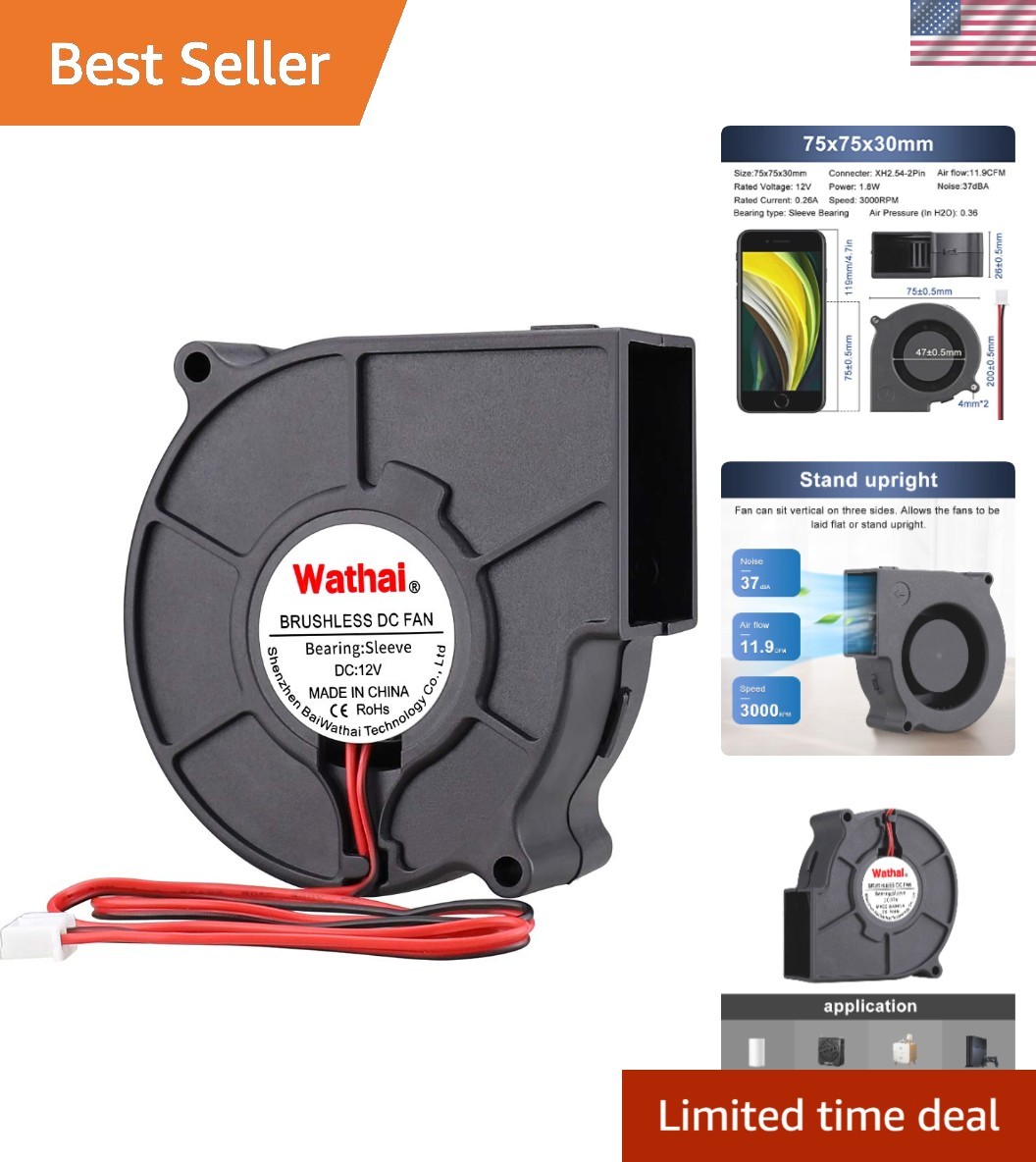 Durable 75mm 12V Brushless Cooling Fan – Quiet 11.9 CFM Airflow for DIY Projects