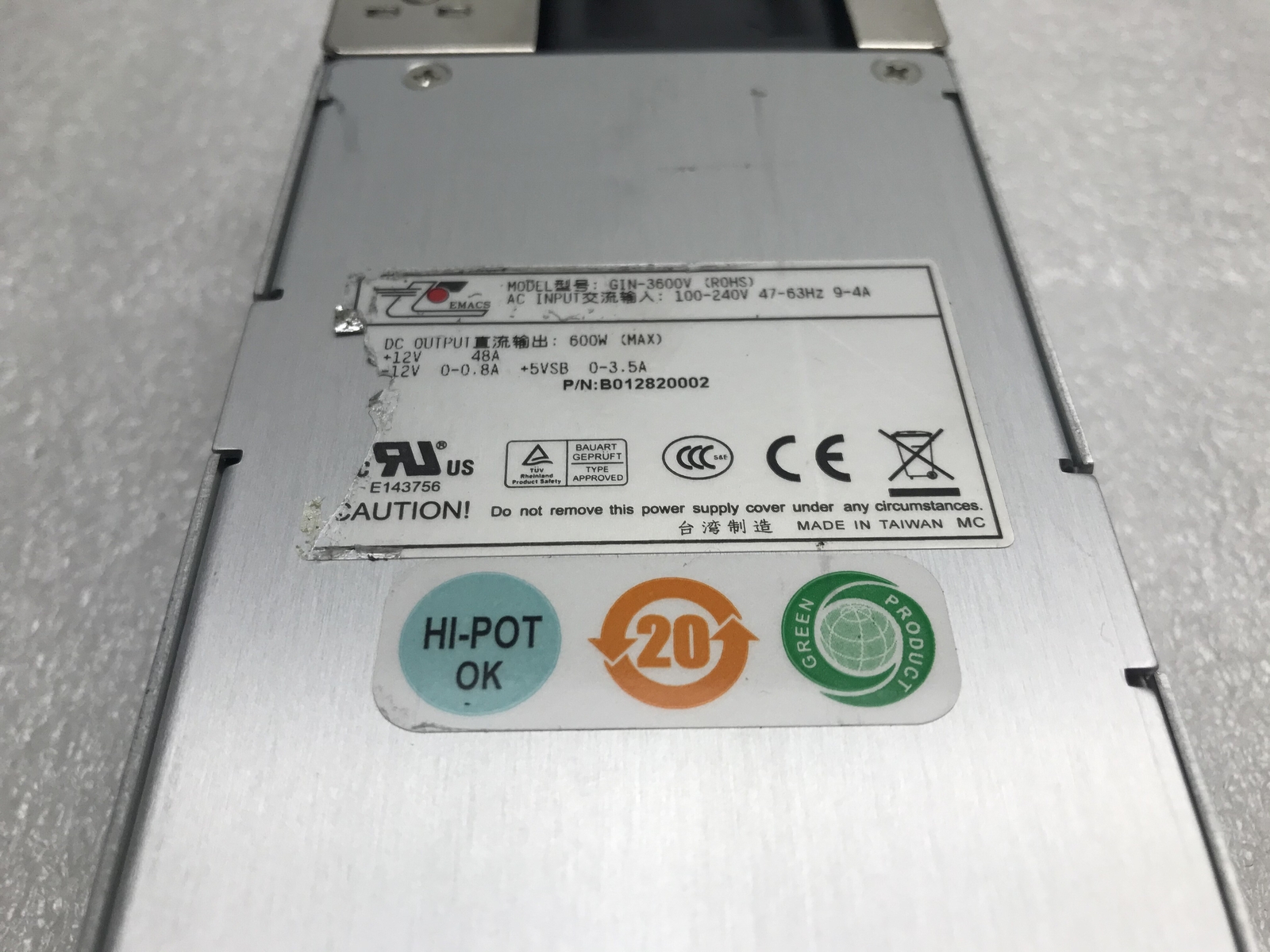 EMACS GIN-3500V 500Watt Power Supply B012820001 W60 100-240V P/N: B012820002