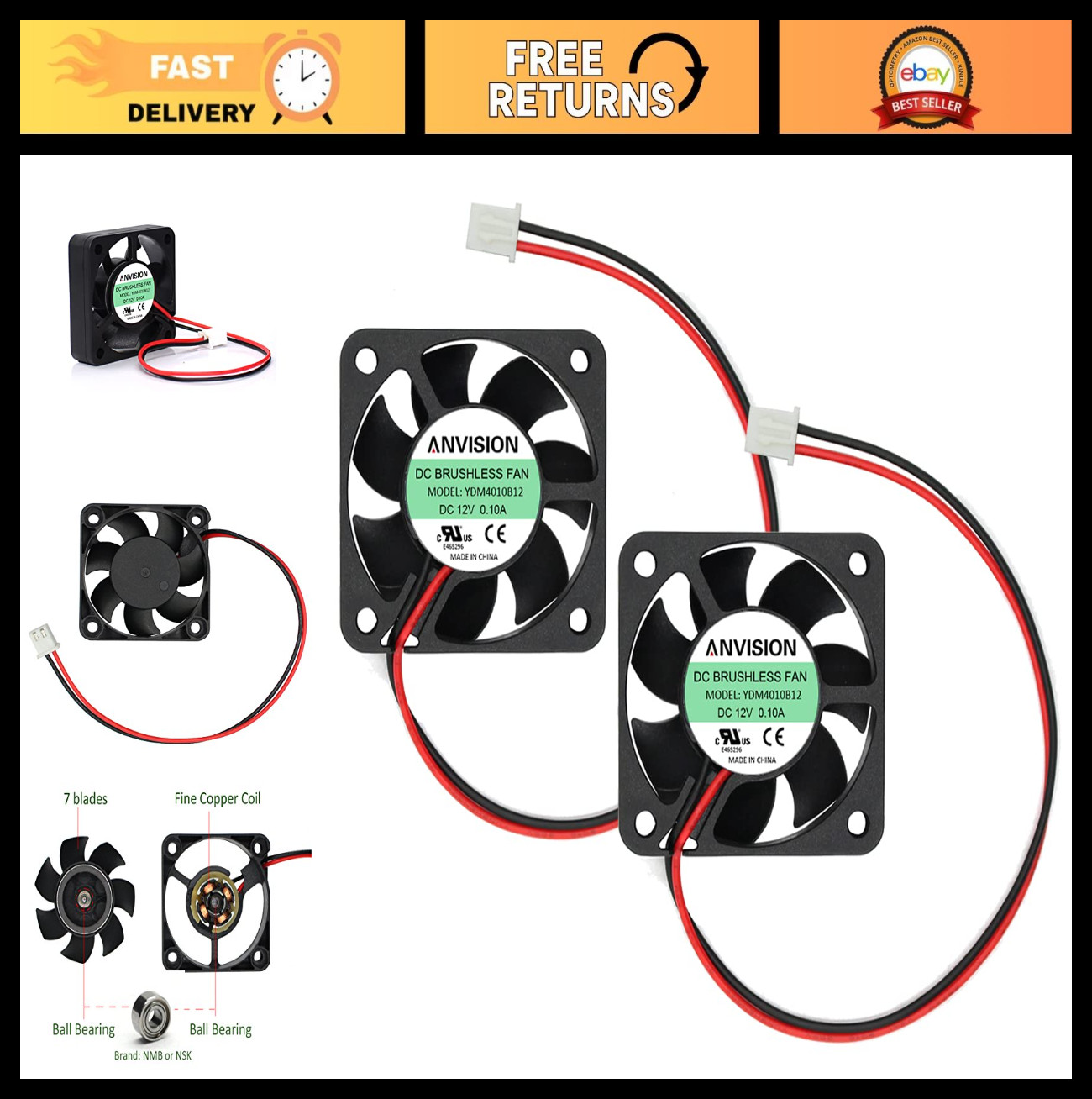 2-Pack 40mm x 10mm DC 12V Brushless Cooling Fans, Dual Ball Bearing, Quiet & Eff