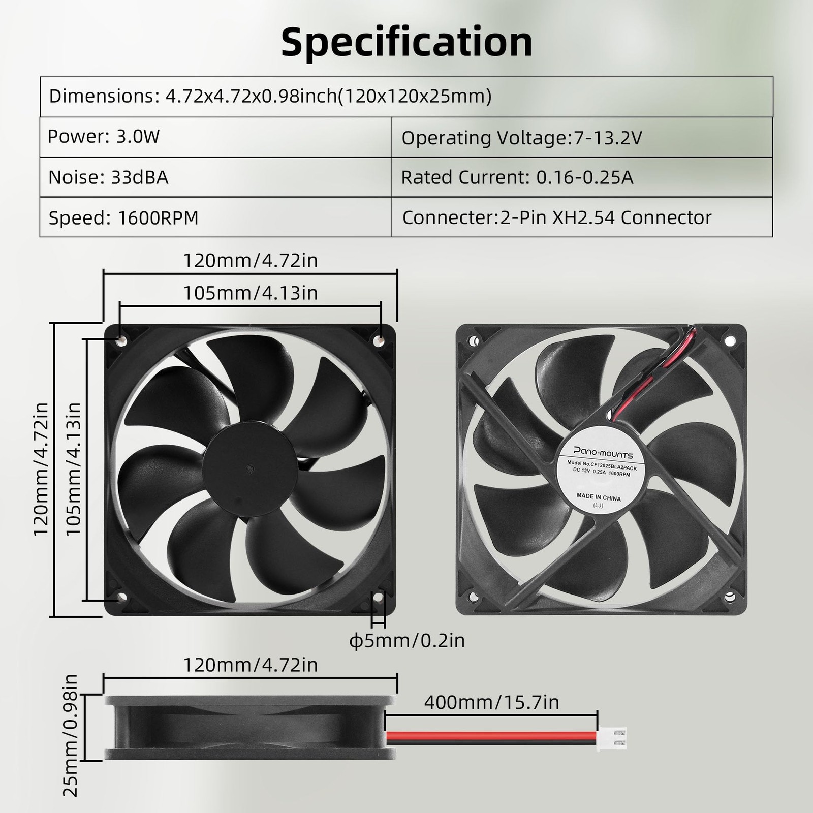 2 Pack 12V DC 120mm Cooling Fan 2 Pin 120x120x25mm 1600RPM XH2.54 Connector