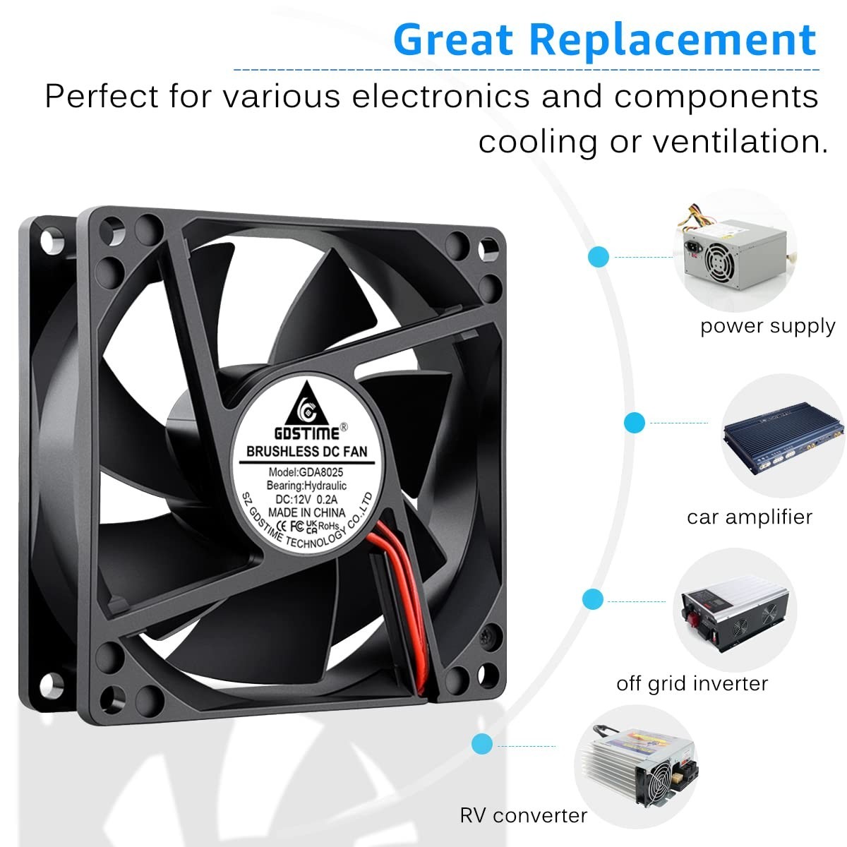 2 Pack 80mm x 80mm x 25mm 12V DC Brushless Cooling Fan 2Pin 80x80x25mm