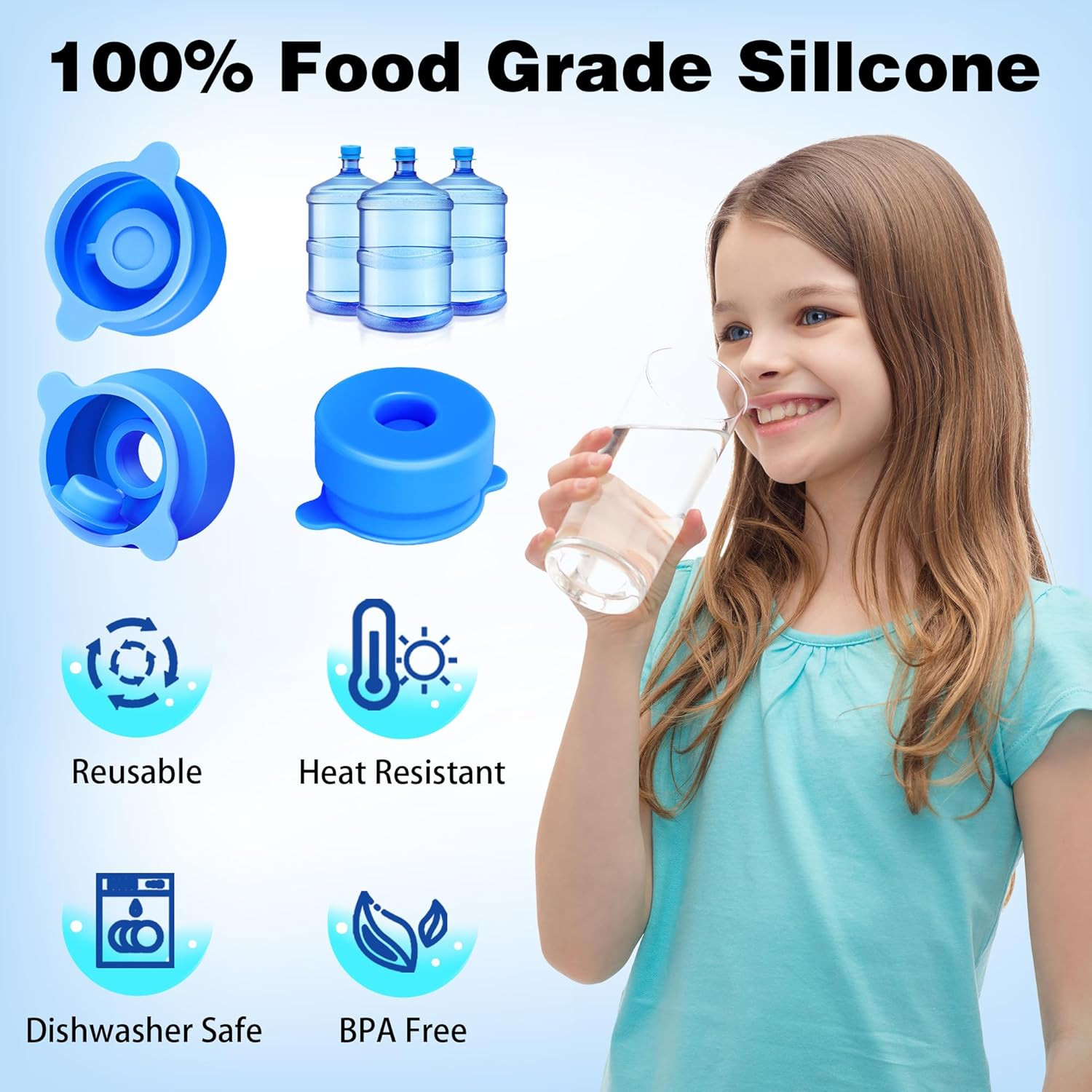 [4 PACK] 3 & 5 Gallon Water Jug Caps – 55Mm Silicone Reusable Replacement Lids f