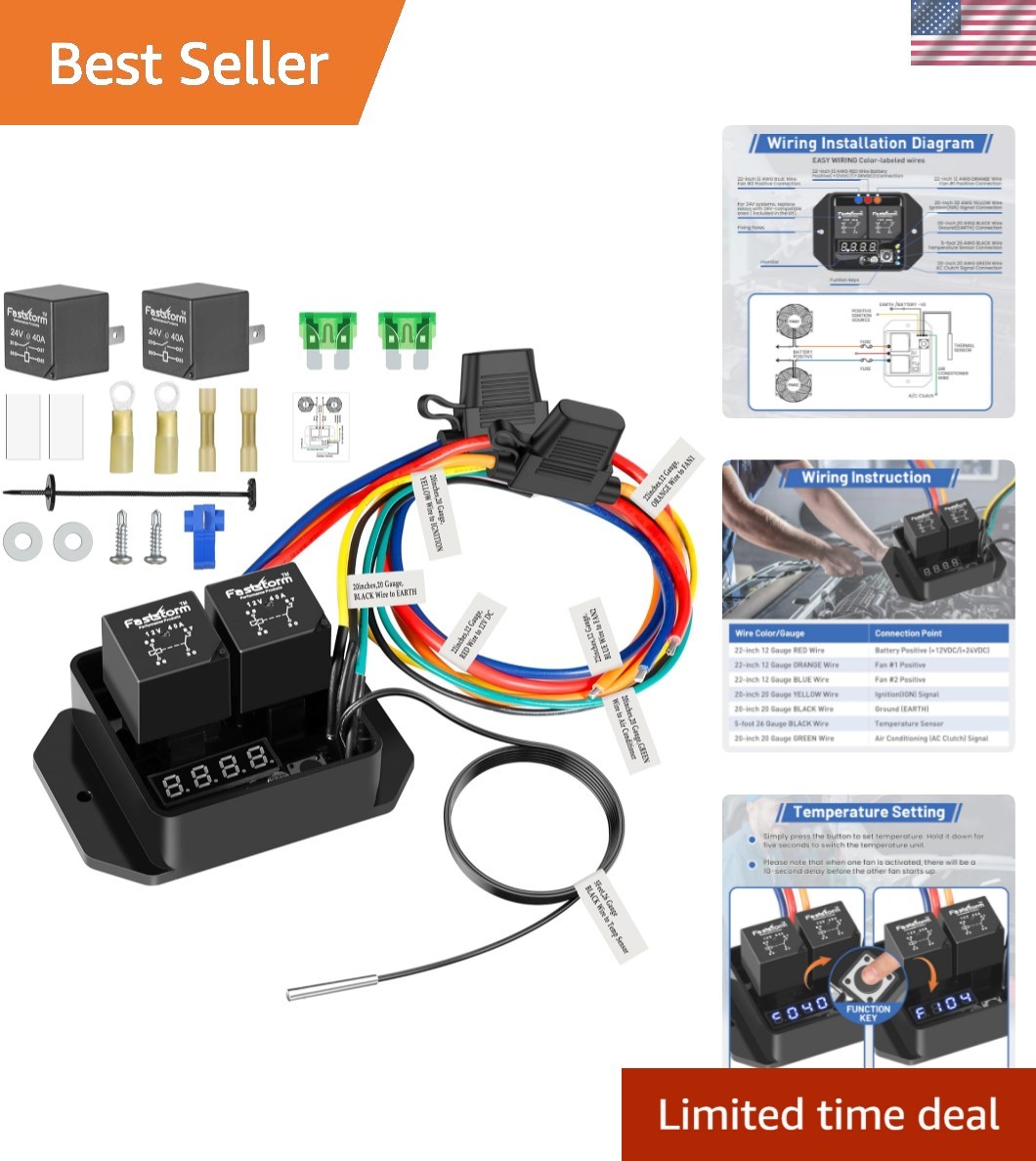 Digital Radiator Fan Switch Kit 12V/24V, Adjustable 104°F-230°F w/Dual Electr…