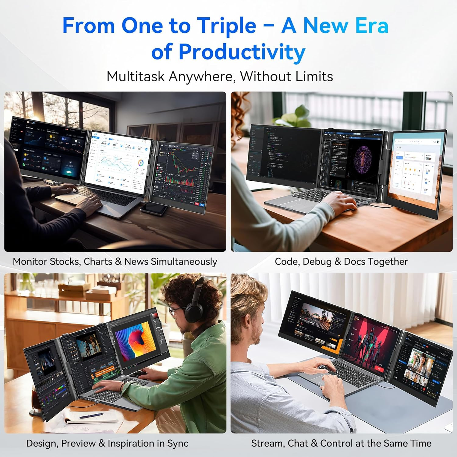 DCM6 Triple Laptop Screen Extender,14″ 1080P FHD IPS Portable External Screen,Tw