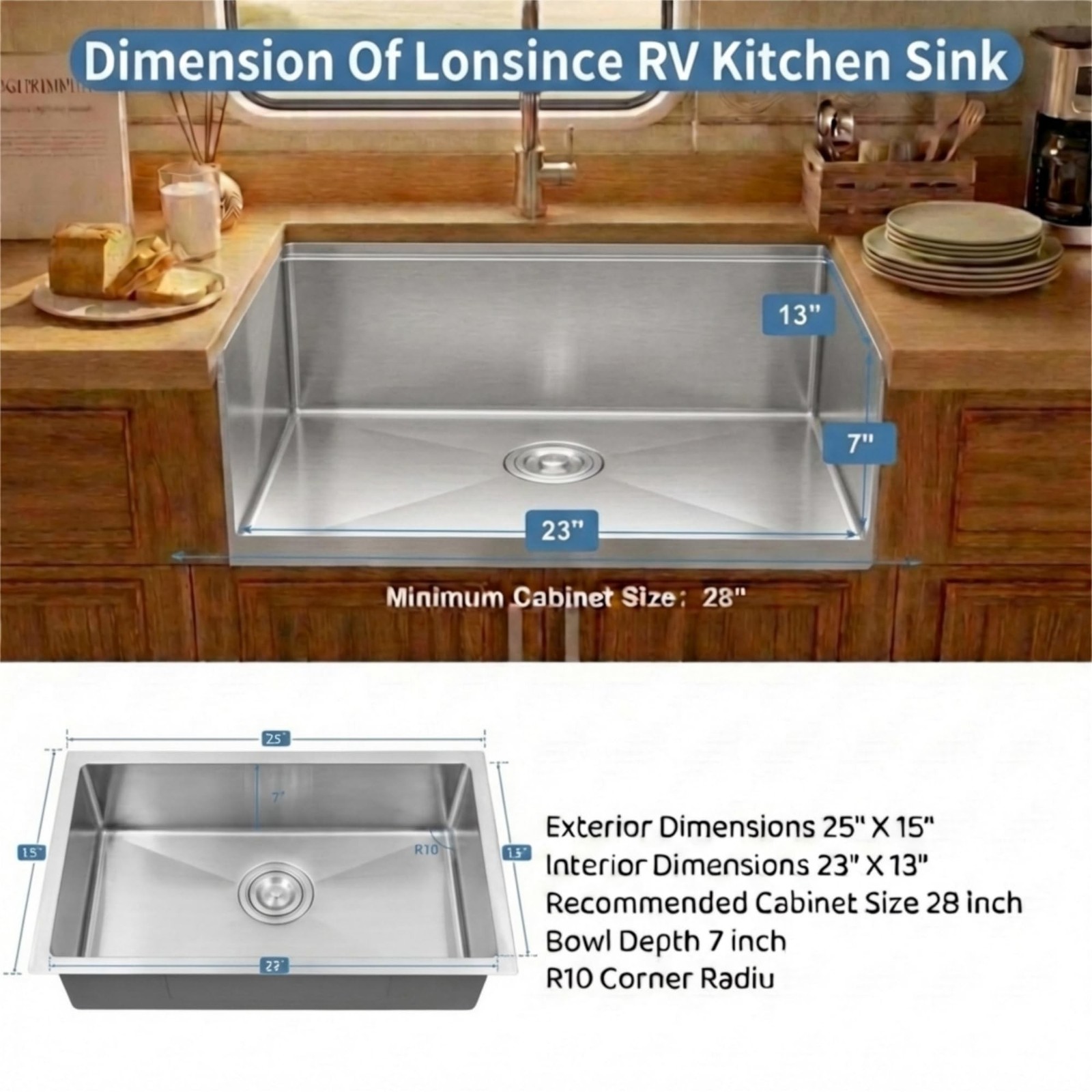 RV Kitchen Sink 25 X 15 inch,Undermount Kitchen Sink with 7 inch Depth,Stainl…