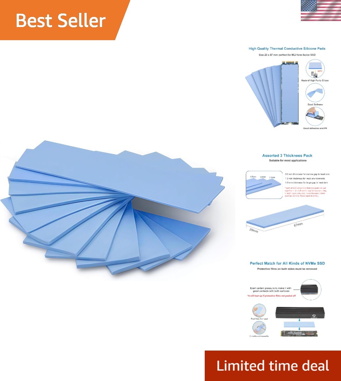 12-Pack Thermal Conductive Silicone Pads for SSD, CPU, GPU, IC Chipset Cooling –