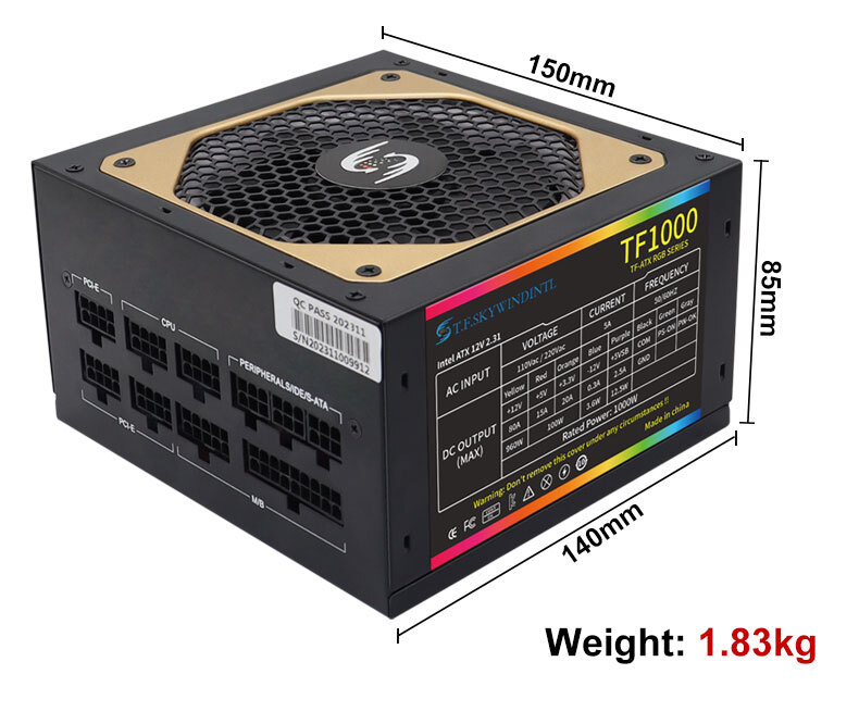 ATX 1000W Full Modular Power Supply with RGB Fan 80+ Bronze Dual CPU, Active PFC
