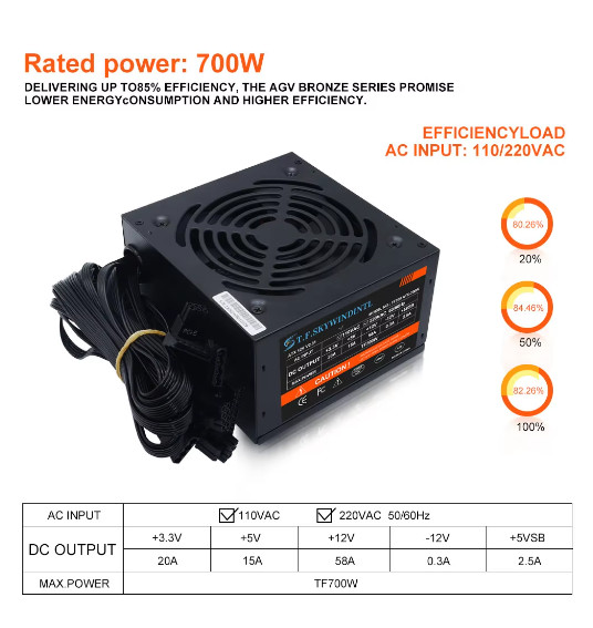 700W PC PSU Power Supply unit Black Gaming Quiet 120mm Fan 24pin 12V