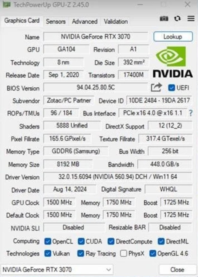 ZOTAC Gaming GeForce RTX 3070 Twin Edge 8GB GDDR6 GPU Barely Used Tested
