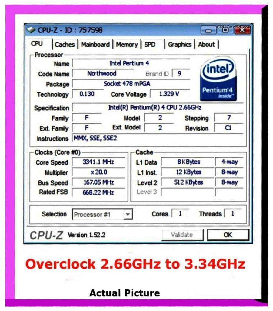 Pentium 4 Socket 478✔️2.66GHZ CPU✔️2.66/512/533 OC to 167/512/668✔️Overclockable