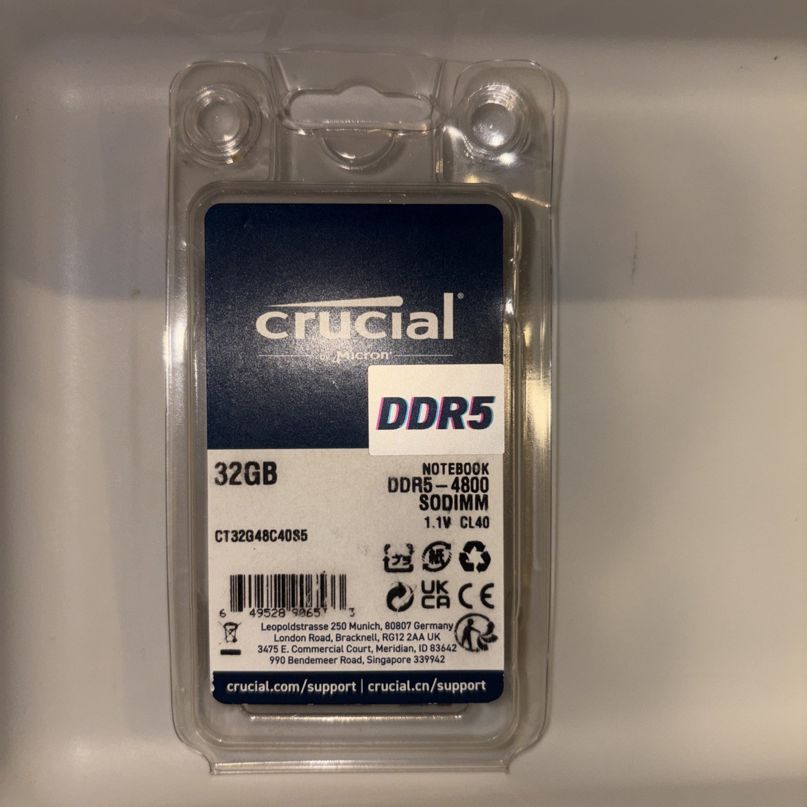 Crucial CT32G48C40S5 DDR5 32GB 4800MHz Laptop RAM Stick