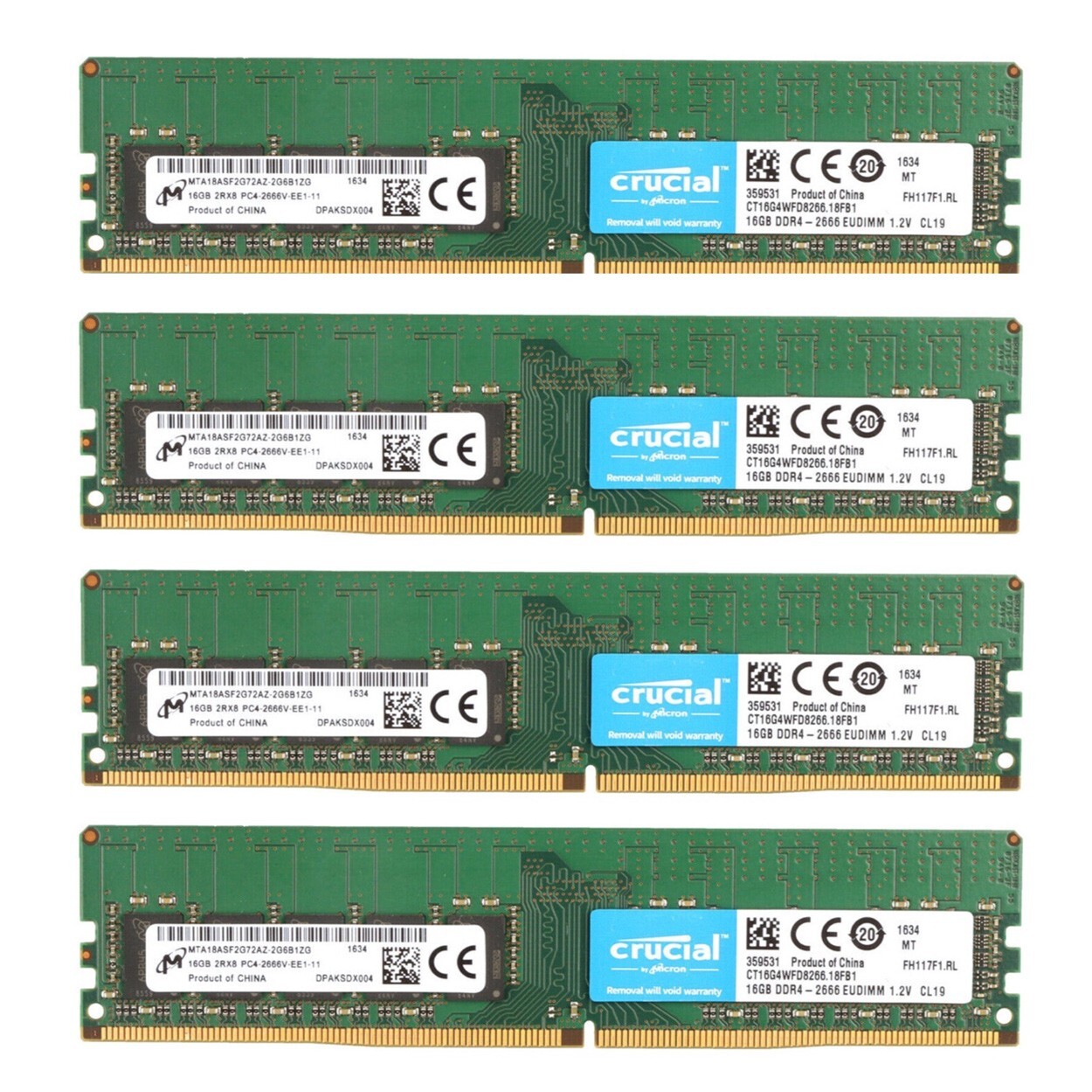 Crucial 64GB (4X16GB) DDR4 2666MHz PC4-21300 ECC EUDIMM Memory Ram CT16G4WFD8266