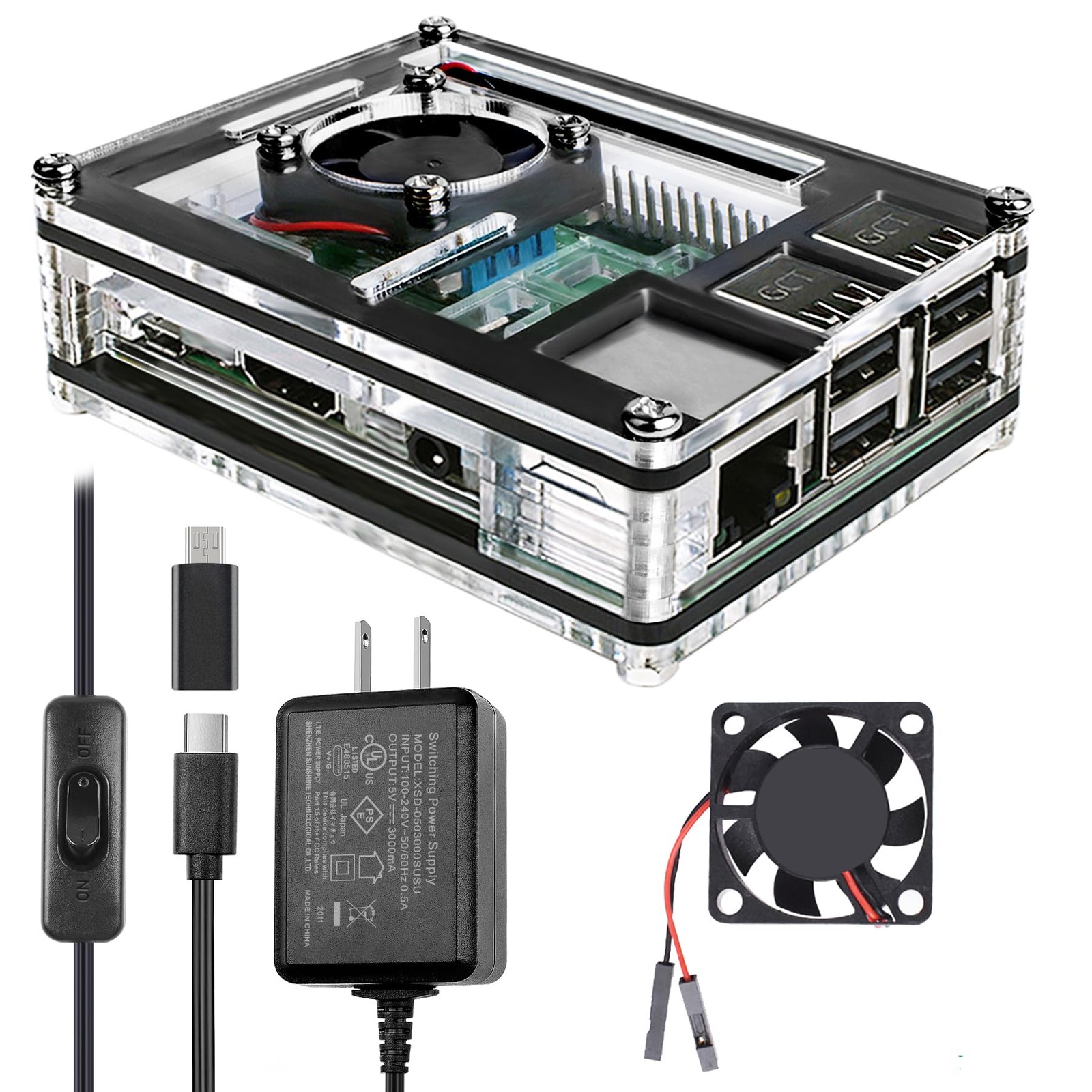 Raspberry Pi 3B Case with Fan, Heat Sinks, and 5V 3A Power Supply