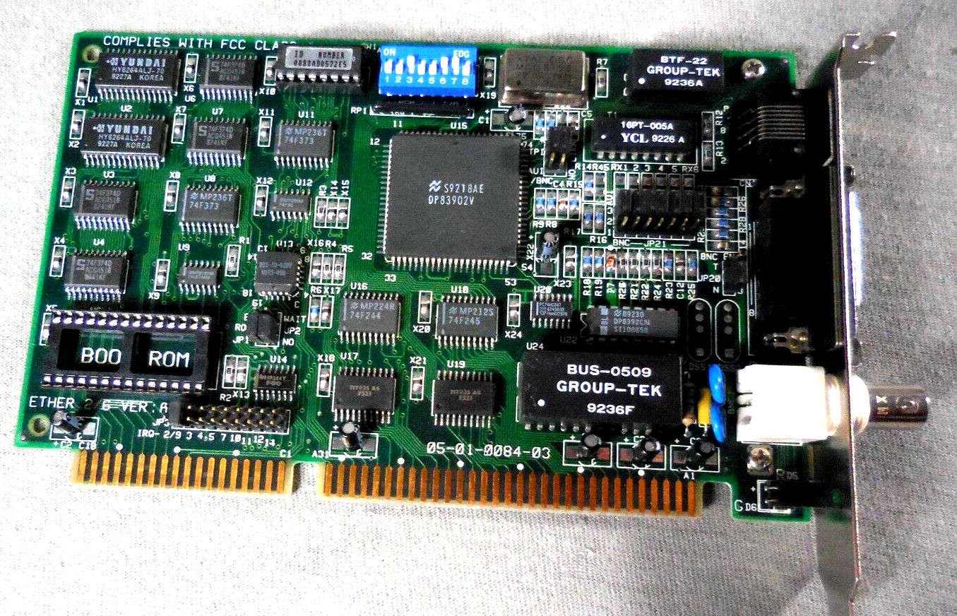 Vintage Ether 2/6 Ethernet Card with BNC Coaxial Connector RJ45 DB15