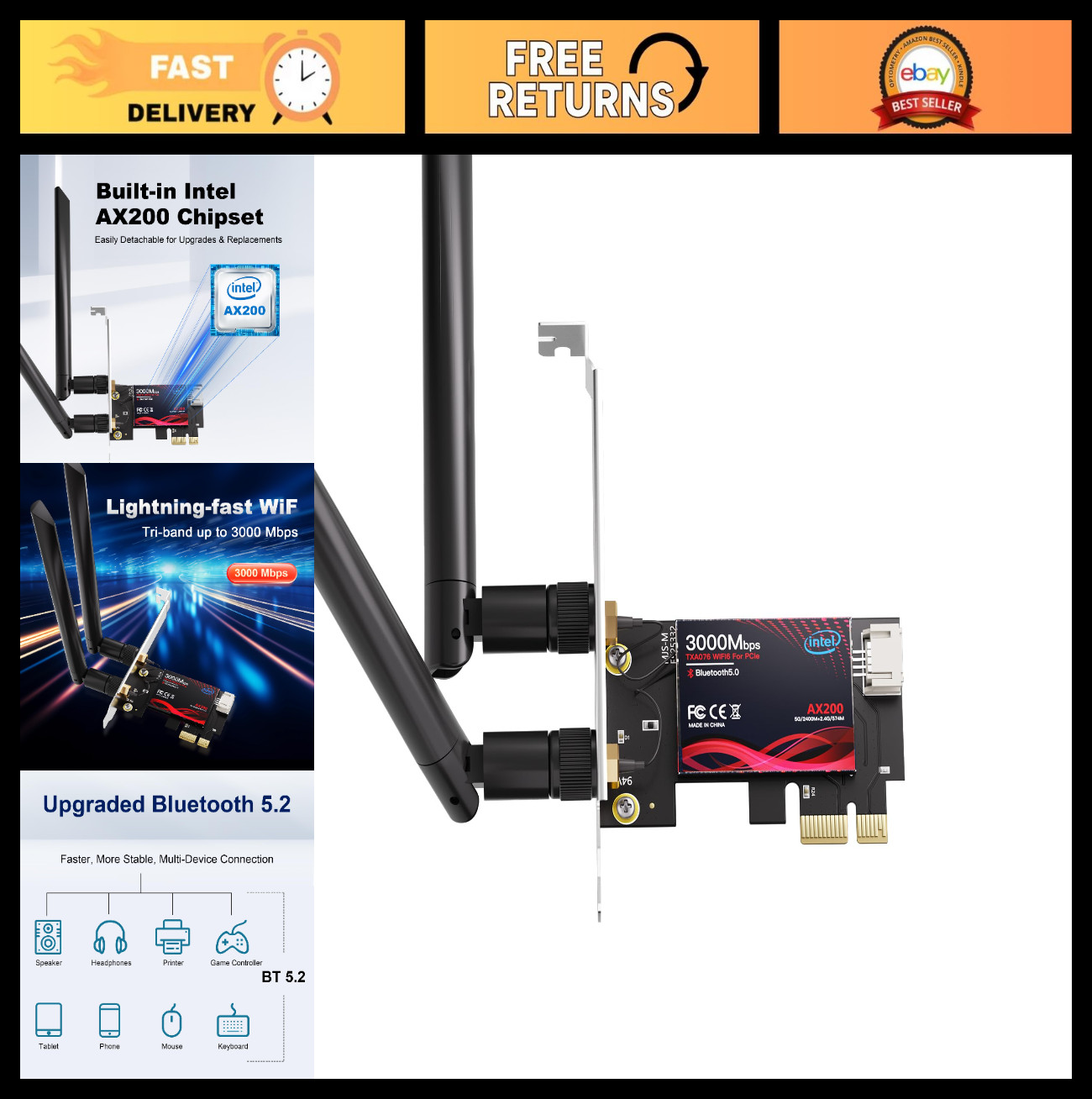 WiFi 6 PCIe Card with Bluetooth 5.2, 3000Mbps, Ultra-Low Latency, WPA3, Dual Ban