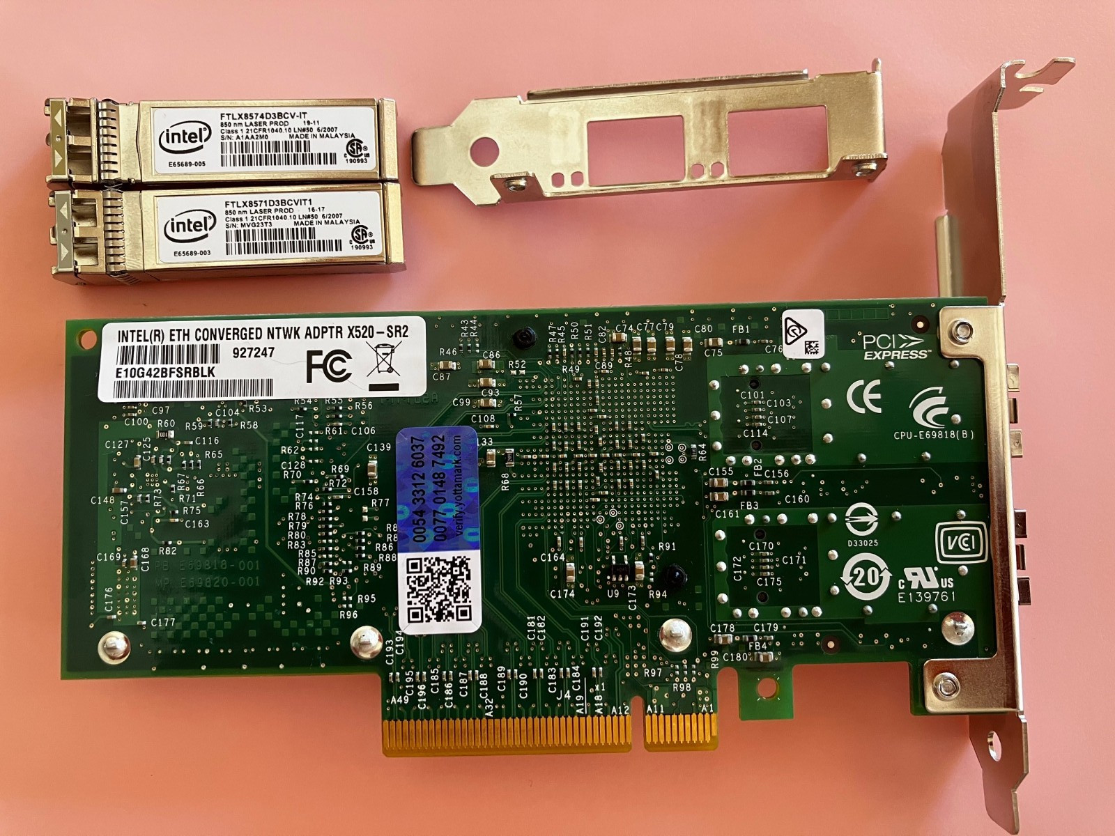 Genuine Intel X520-SR2 Dual Port 10Gb 10Gbe SFP+ Network Adapter w/ 2 SR Optics