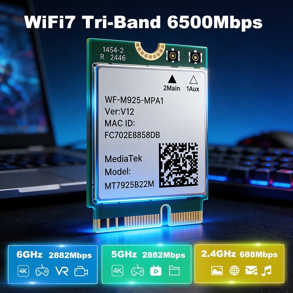 BE6500 WiFi 7 M.2 2230 E Key 6GHz Tri-Band BT5.4 MT7925 Network Card for Laptop
