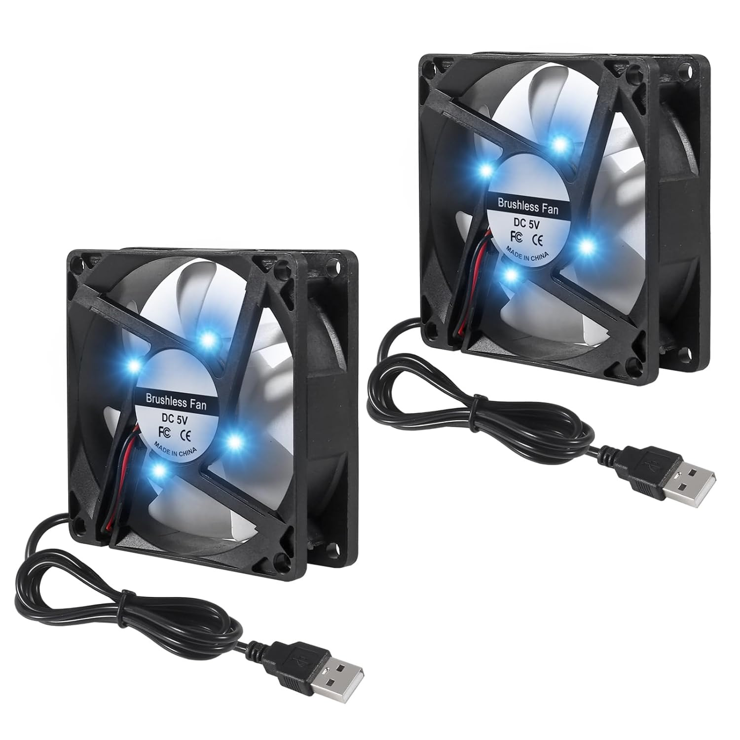 2PCS 80mm 8cm LED Blue Computer Case Cooling Fan 80x80x25mm USB 8025 5V USB Cool