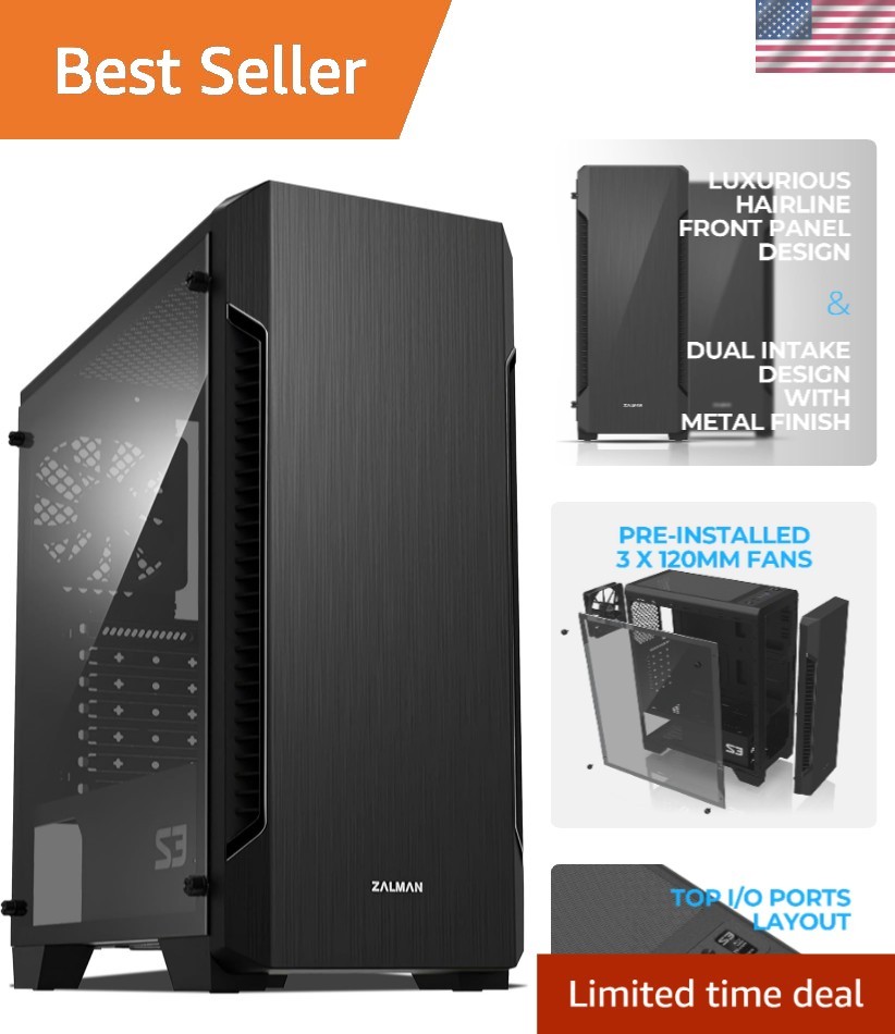 Elegant S3 Mid-Tower PC Case – Acrylic Side, Pre-Installed Cooling Fans, Black