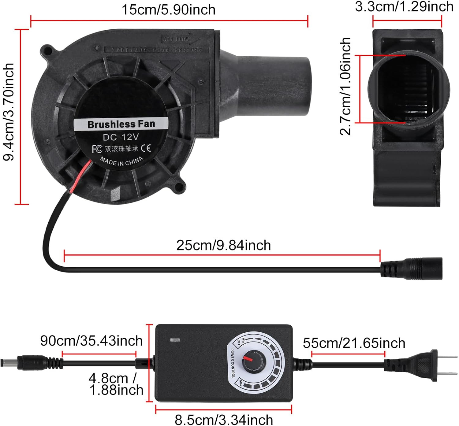 BBQ Blower Fan 12V 97mm x 33mm with 120V – 240V AC Plug Variable Speed Contro…