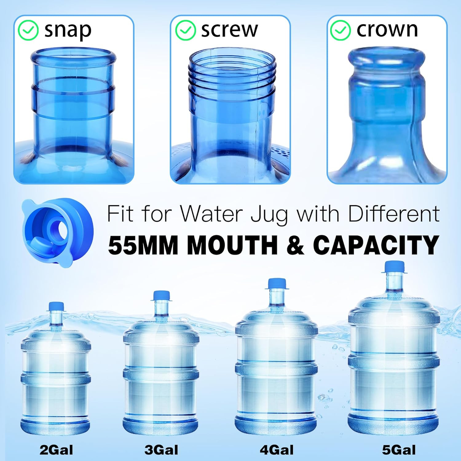 [4 PACK] 3 & 5 Gallon Water Jug Caps – 55Mm Silicone Reusable Replacement Lids f