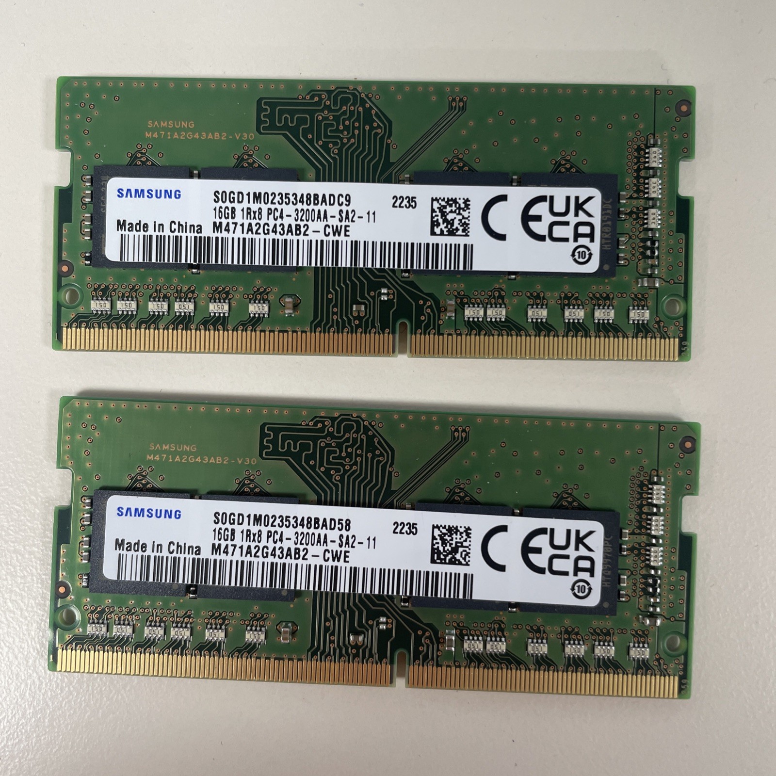 Lot of 2 – 16GB 1Rx8 DDR-4 3200AA MHZ Notebook Samsung M471A2G43AB2-CWE 32GB
