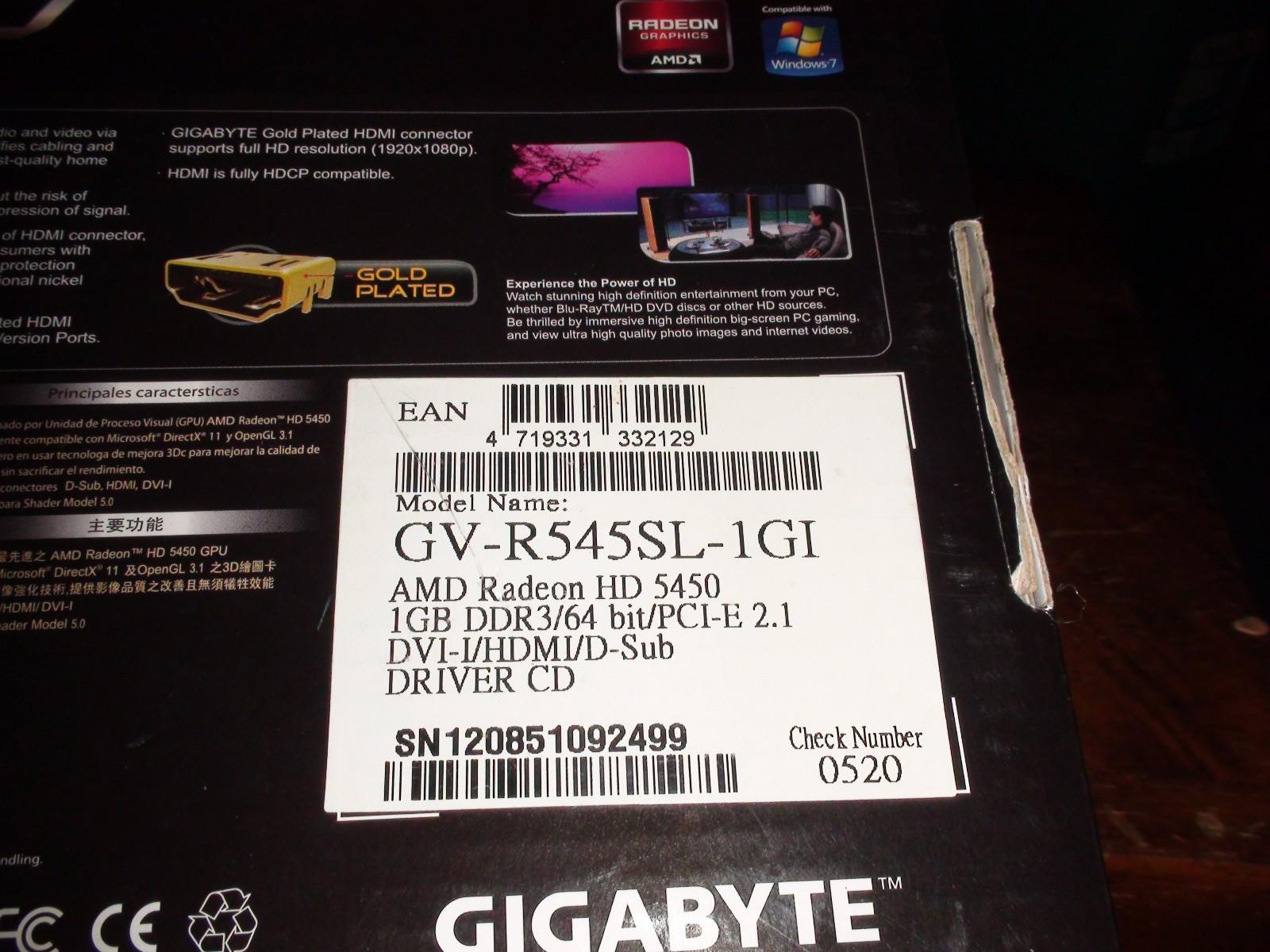 New/Sealed Gigabyte GV-R545SL-1GI ATI Radeon HD 5450 1GB LP PCI-E Video card