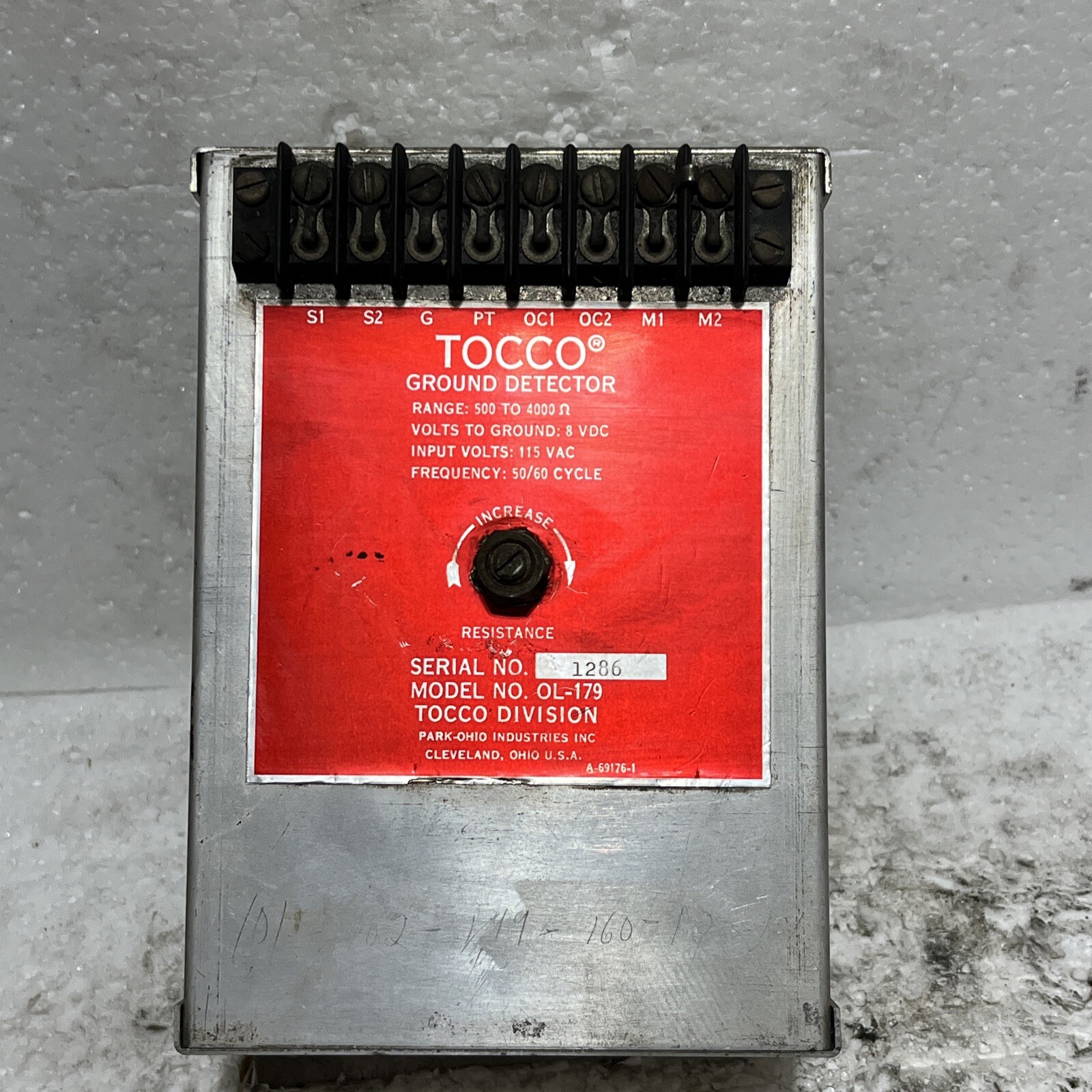 TOCCO OL-179 GROUND DETECTOR VOLTS TO GROUND 8VDC INPUT VOLTS 115 VAC