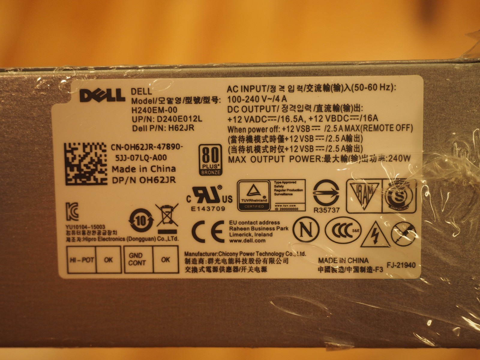 Dell Power Supply 0H62JR H240EM-00 240W For OPTIPLEX 3040 5040 7040 MT