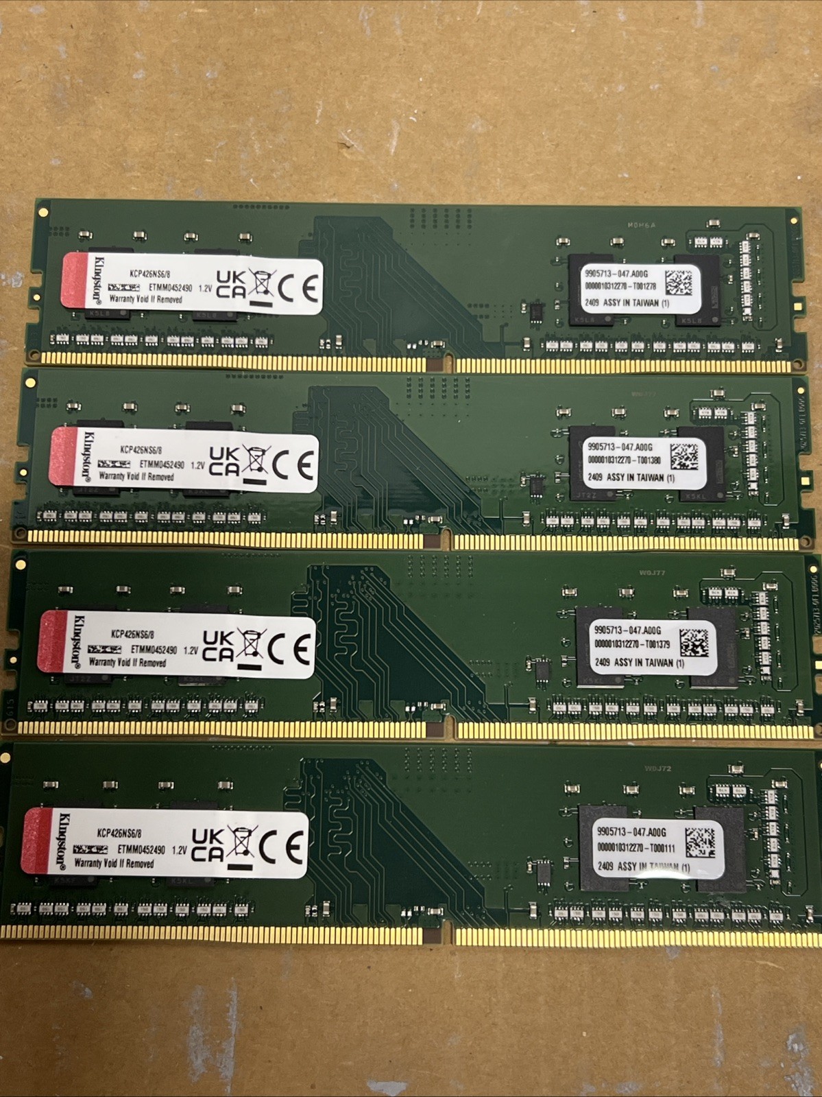 Lot of 4 Kingston KCP426NS68 8GB DDR4-2666 Desktop RAM 32GB Total