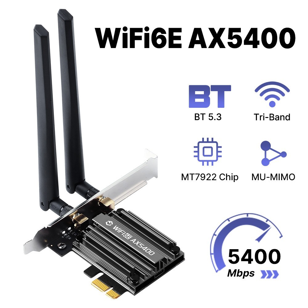 MT7922 WiFi 6E PCIe Card AX5400 Tri-Band 6GHz 5GHz 2.4GHz BT5.3 Win10/11 Desktop