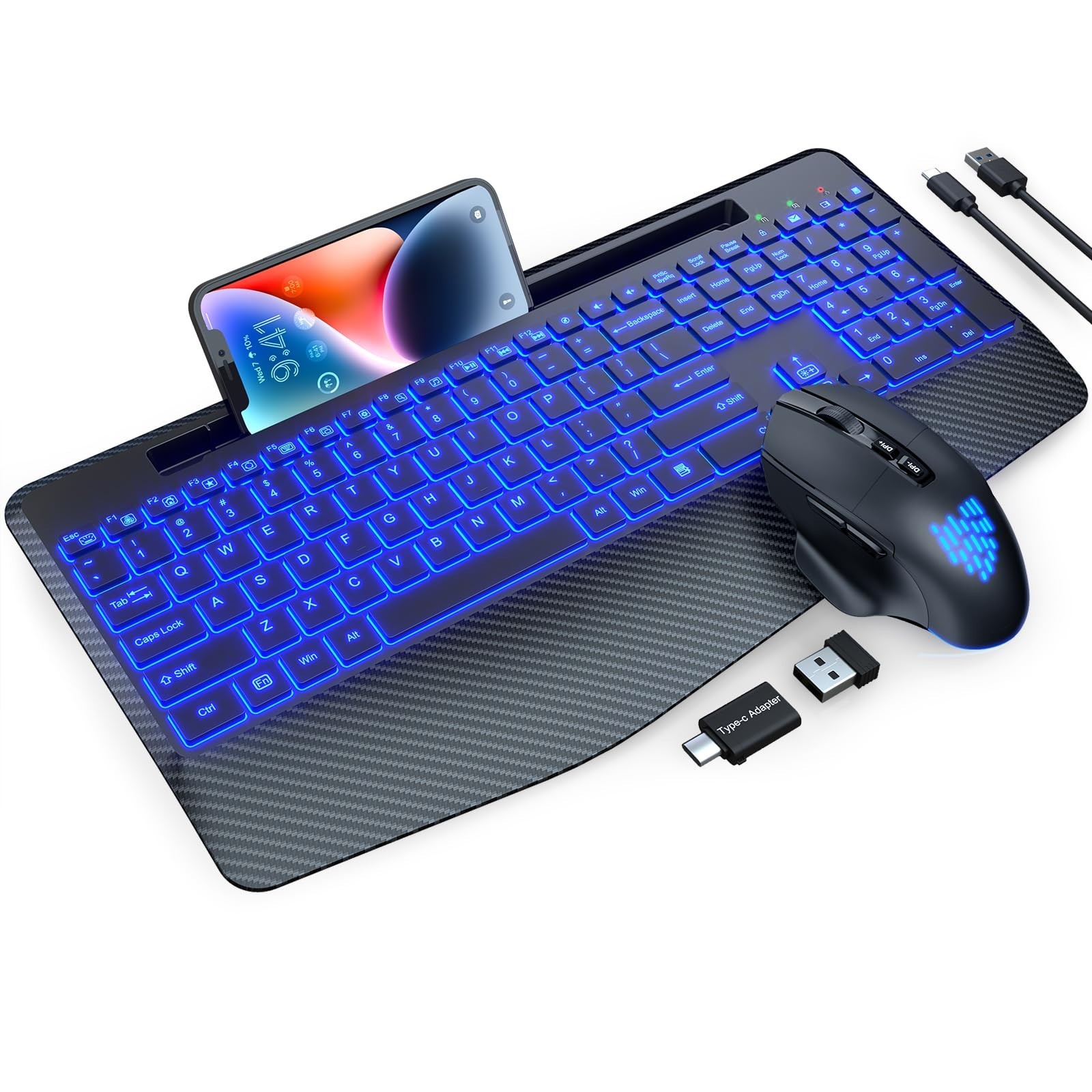 Wireless Keyboard and Mouse Backlits, Wrist Rest, LED Mouse, Rechargeable Erg…