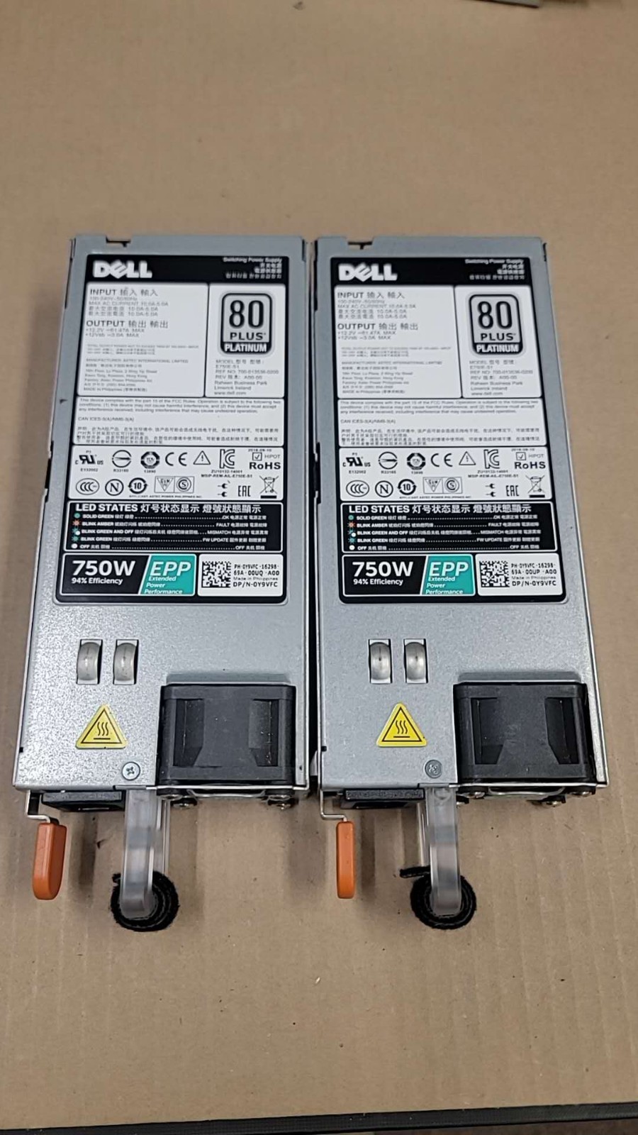 lot of 2 Dell 0Y9VFC 750W 80+ Platinum EPP Power Supply for R630 R730 R640 R740